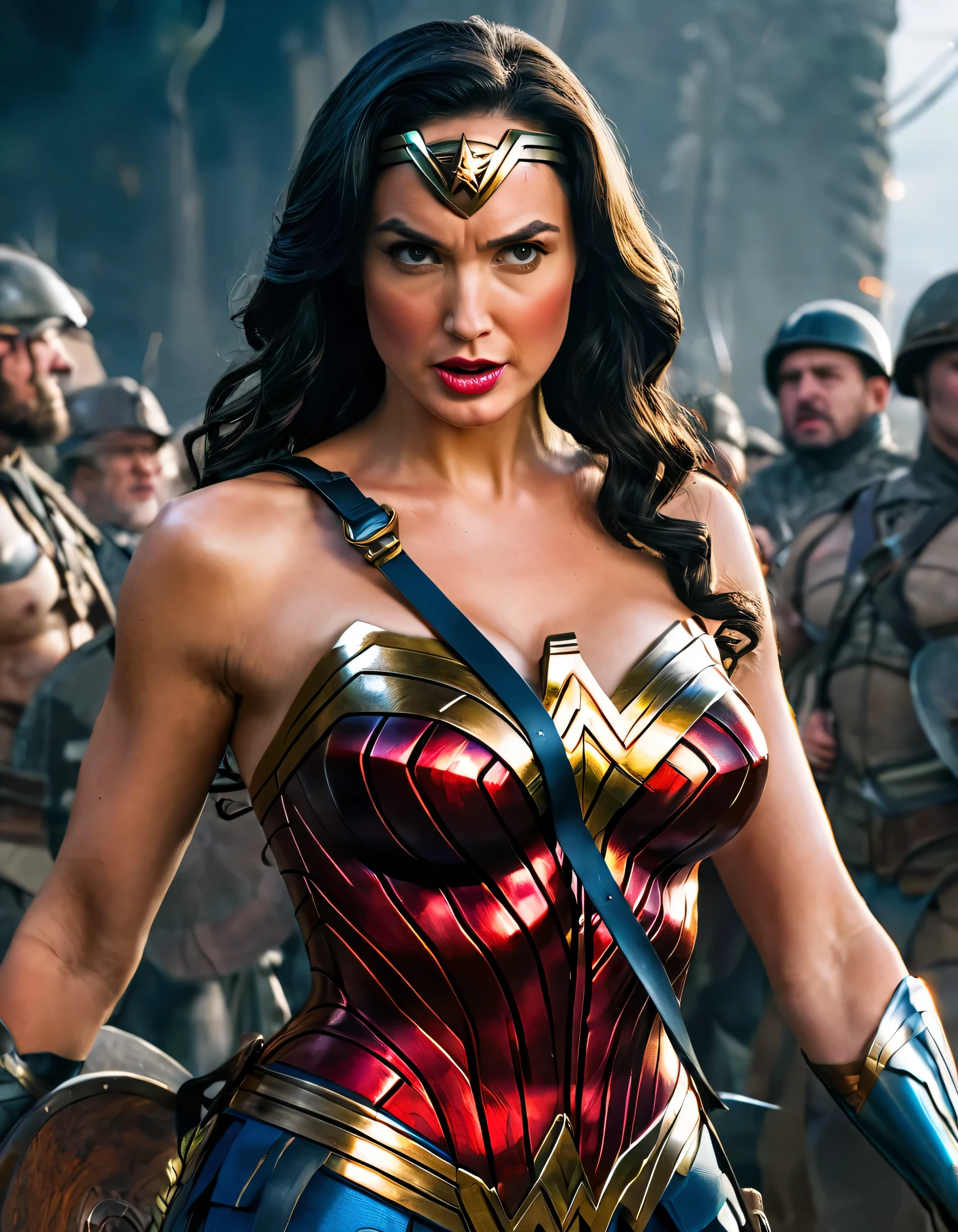 (wonder woman:1.1),big breasts:1.1,show cleavage,battle,picolo:0.9,war area,illustration,highres,ultra-detailed,physically-based rendering,portraits,vivid colors,sharp focus,studio lighting