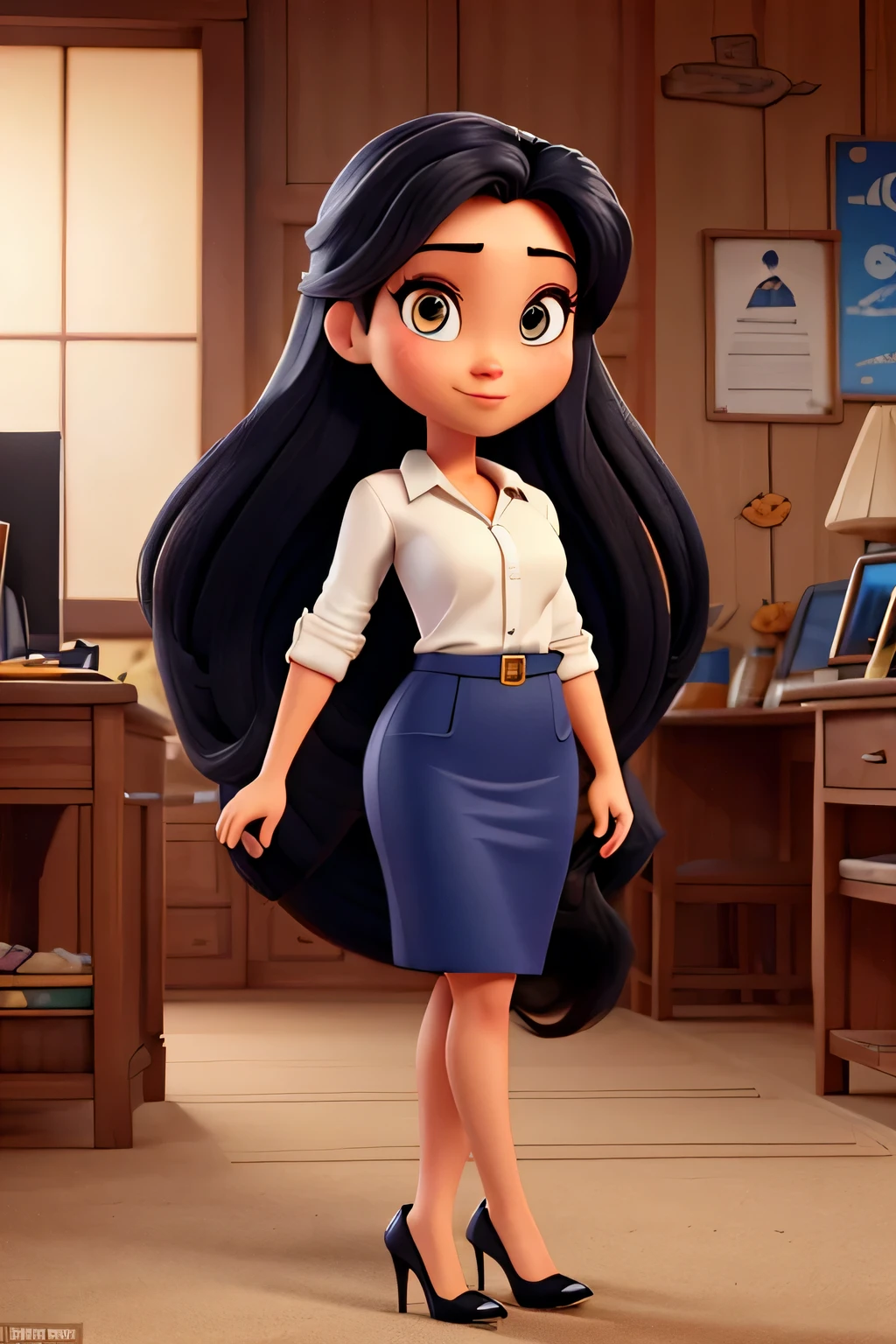 gambarkan 1 orang animasi disney yang berbadan kurus, dengan muka seperti megan fox wear professional business look, high heels, long hair
