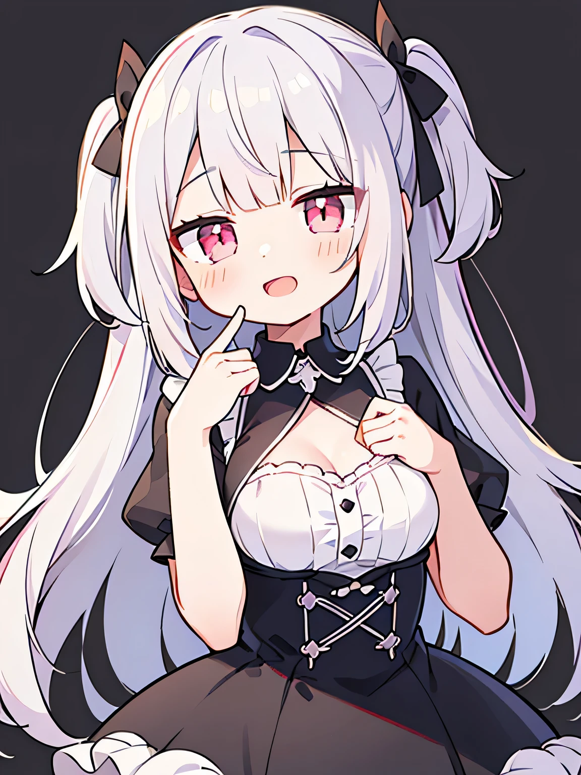 Pueros face_V1:0.24, highest quality, realistic, 8K, High resolution, 1 girl, 16 year old girl, (skin dents), (portrait), ((simple background:1.62)), full color, ((big round breasts,exposed chest,frills)), look straight at the viewer:1.8, (1 girl eyes looking at viewer:1.55), (Long-length hair, silver hair, two side up,straight bangs:1.45,pink eyes), (Bokeh),looking at the viewer,open mouth smile,Shining eyes,cute pose,sparkling eyes,Super high quality,dynamic pose,Urban background、date situation