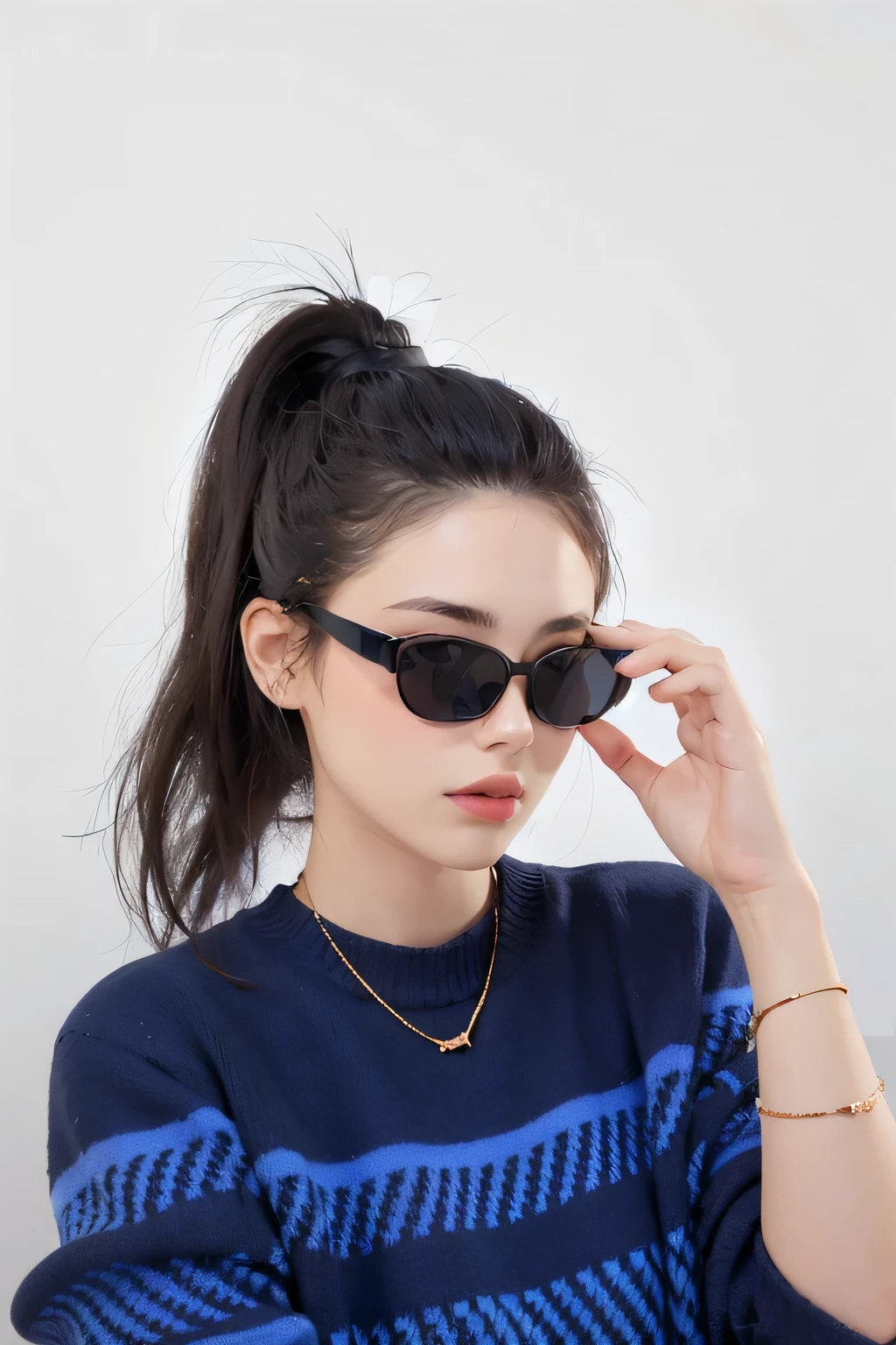 Wear a blue sweater、Alafid woman wearing gold chain sunglasses, Comes with sunglasses, Wearing black-rimmed glasses, Comes with sunglasseses, implant sunglasses, Wear sunglasses, Thick sunglasses, Wearing cool sunglasses, digital sunglasses, Wearing thin and large round-rimmed glasses, Wearing navigator-shaped glasses, wearing glass glasses, Paired with dark brown sunglasses, Futuristic sunglasses