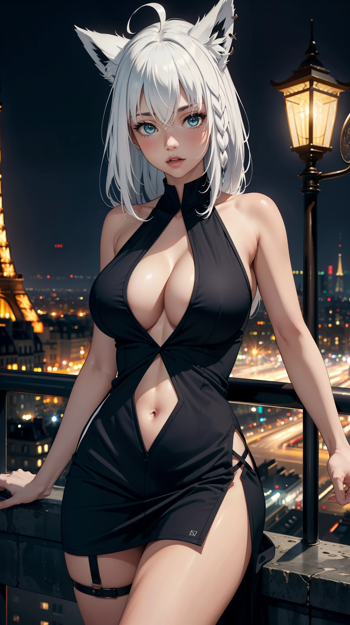 Masterpiece, high quality, 8k, ultra detailed, detailed face, (rnd1),solo, large , cleava thigh, (elegant, diamond jawerly), (night city view:1), (black dress), (paris), bare arms, navel