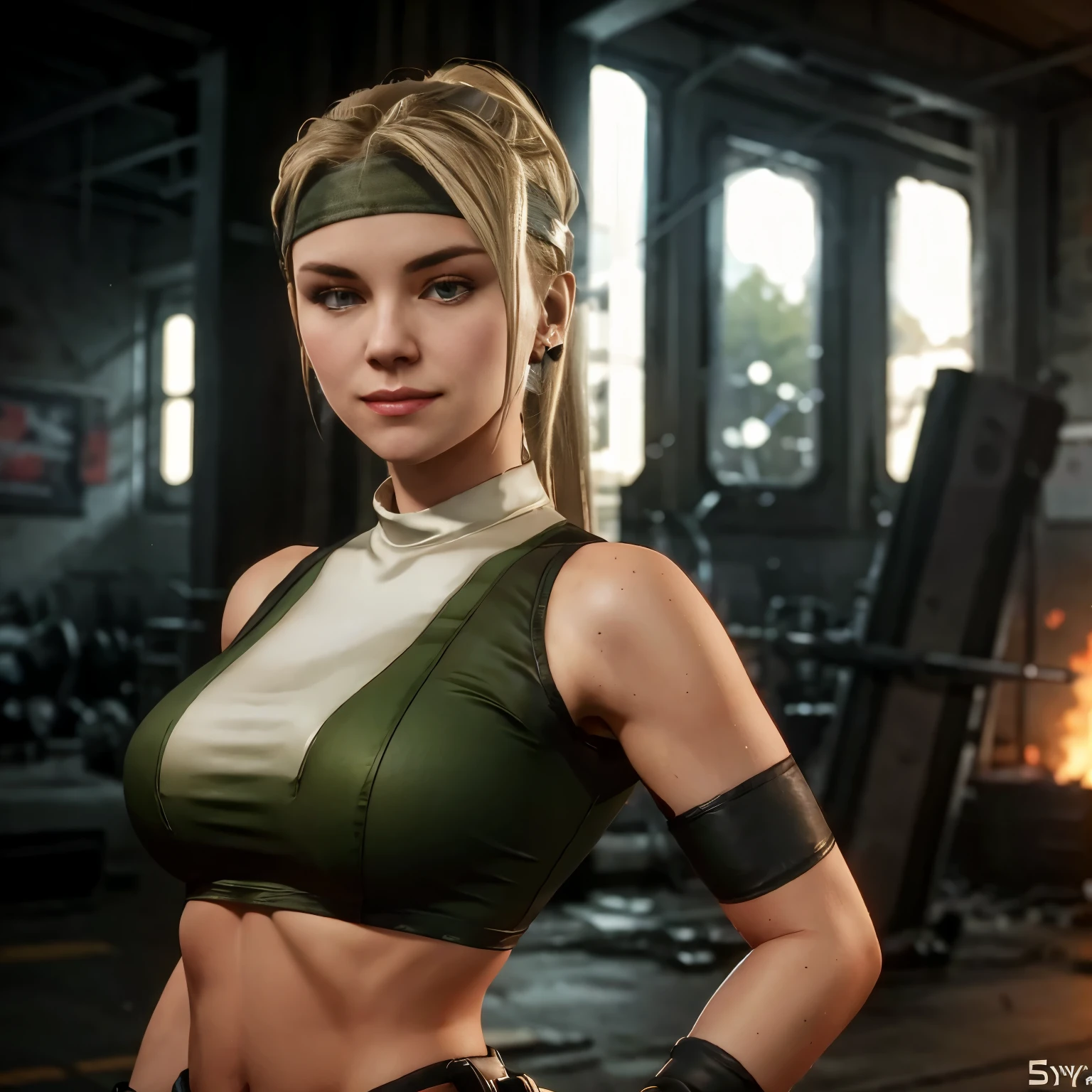 MortalSonyaBlade, sonya, blonde hair, ponytail, earrings, headband, sports bra,midriff, gloves, looking at viewer, smug smile, military base, romantic ambiance, extreme detail, masterpiece, Sonyamk1