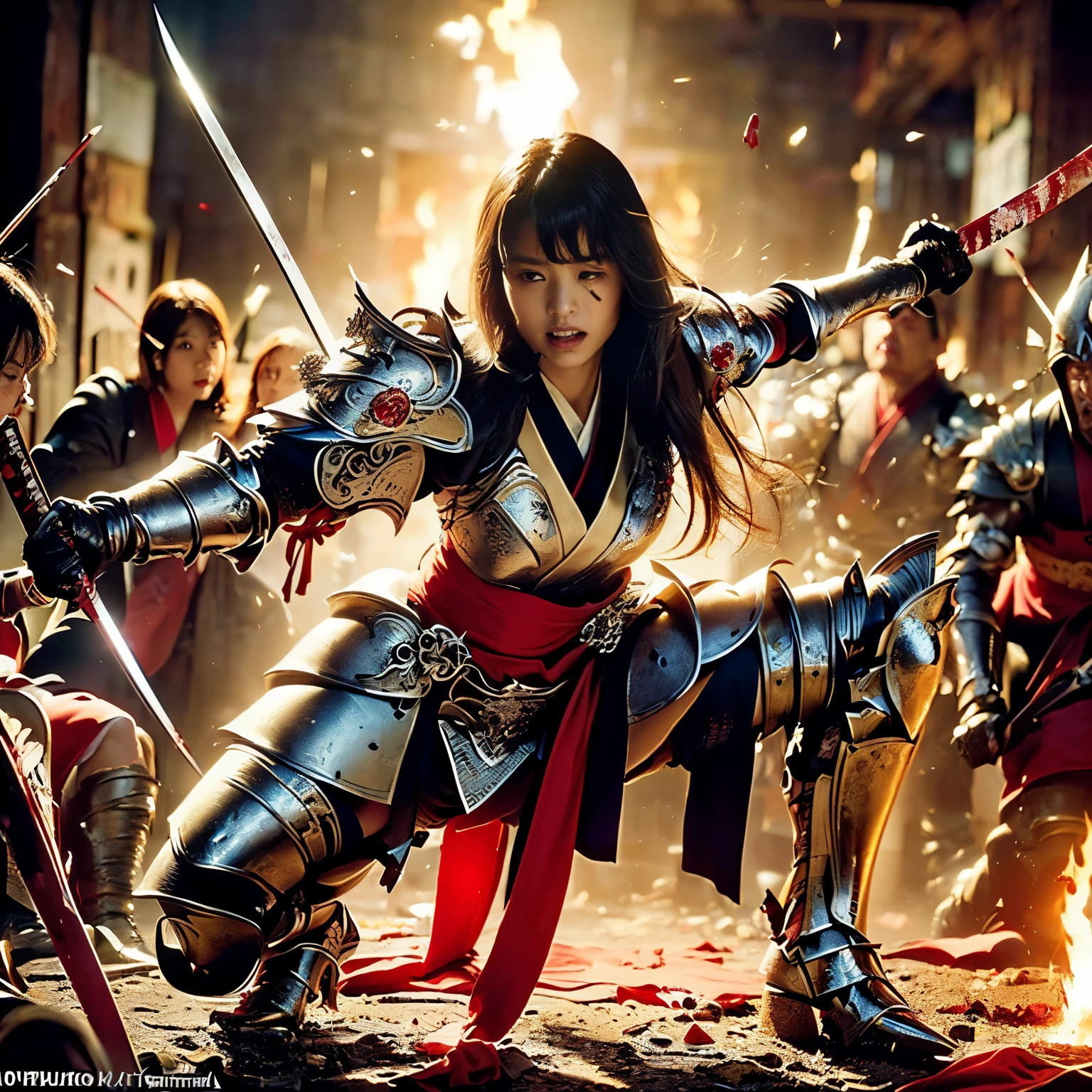(((Realistic, masterpiece, best quality, crisp detail, high definition, high detail, rich detail, sharp focus, colorful, perfect studio lightning))), ((20 years old goddess, kasumi arimura)),(((in the middle of war, epic war scene, severely wounded, slashed, stabbed by swords, pierced by arrows, attack stance))), wearing (((beautiful ornamented golden heavy armor, decorated full body armor, fully armored beautiful kimono, holding katana, blood scattered face, blood tears, blood bath, blood shed))), (((fire everywhere, blood everywhere, death everywhere, japan bakumatsu period, dead bodies,carcass,burned japanese castle,hellish,chaos)) traditional village background)