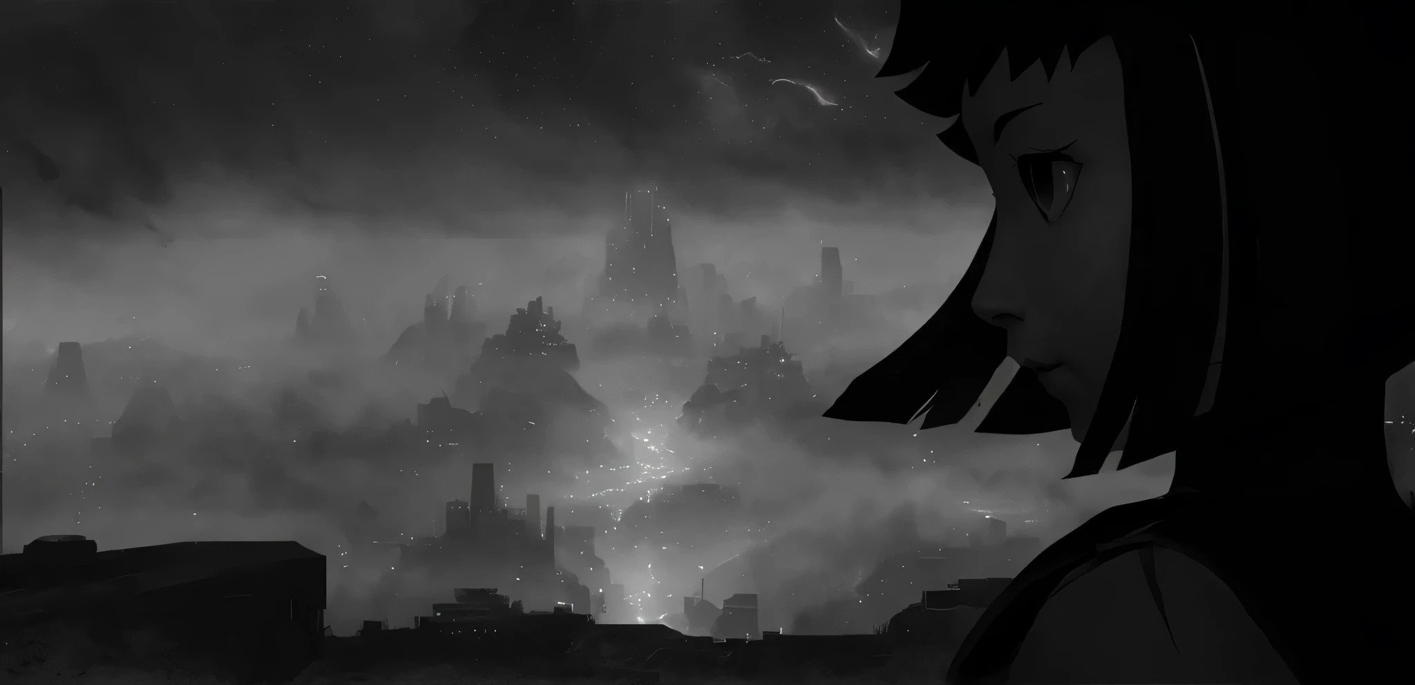 anime girl looking at a city in the distance with a sky background, black and white matte painting, ross tran. scenic background, dark high-contrast concept art, matte painting arcane dota pixar, inspired by Noah Bradley, concept art scene, dramatic lighting. concept art, dramatic concept art, inspired by Feng Zhu, concept art stunning atmosphere