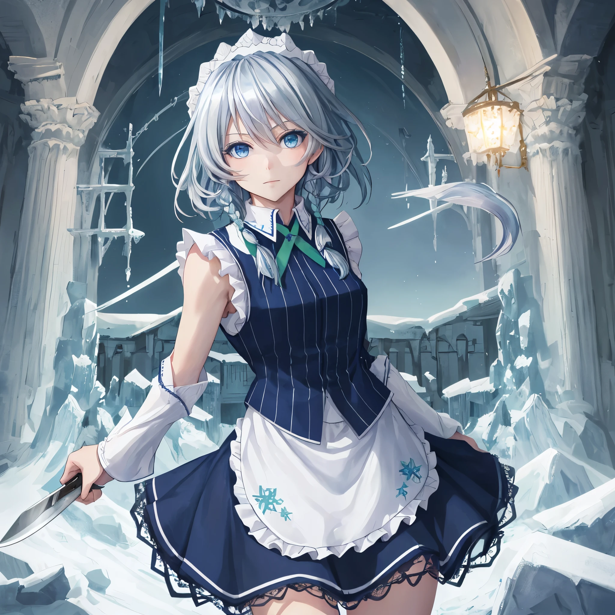 super fine illustration, an extremely cute and beautiful girl, highly detailed beautiful face and eyes, look at the viewer, cowboy shot, beautiful hair, solo, dynamic angle, beautifully detailed ice dress with frill, ice castle in the background, blue tone,  sakuya izayoi, silver hair, maid dress, white apron, very short skirt, sexy pose, flying knives, holding knife, sleeveless outfit, detailed face, detailed eyes, fresh blue eyes, big green ribbons, blue outfit, double braids, small green ribbons