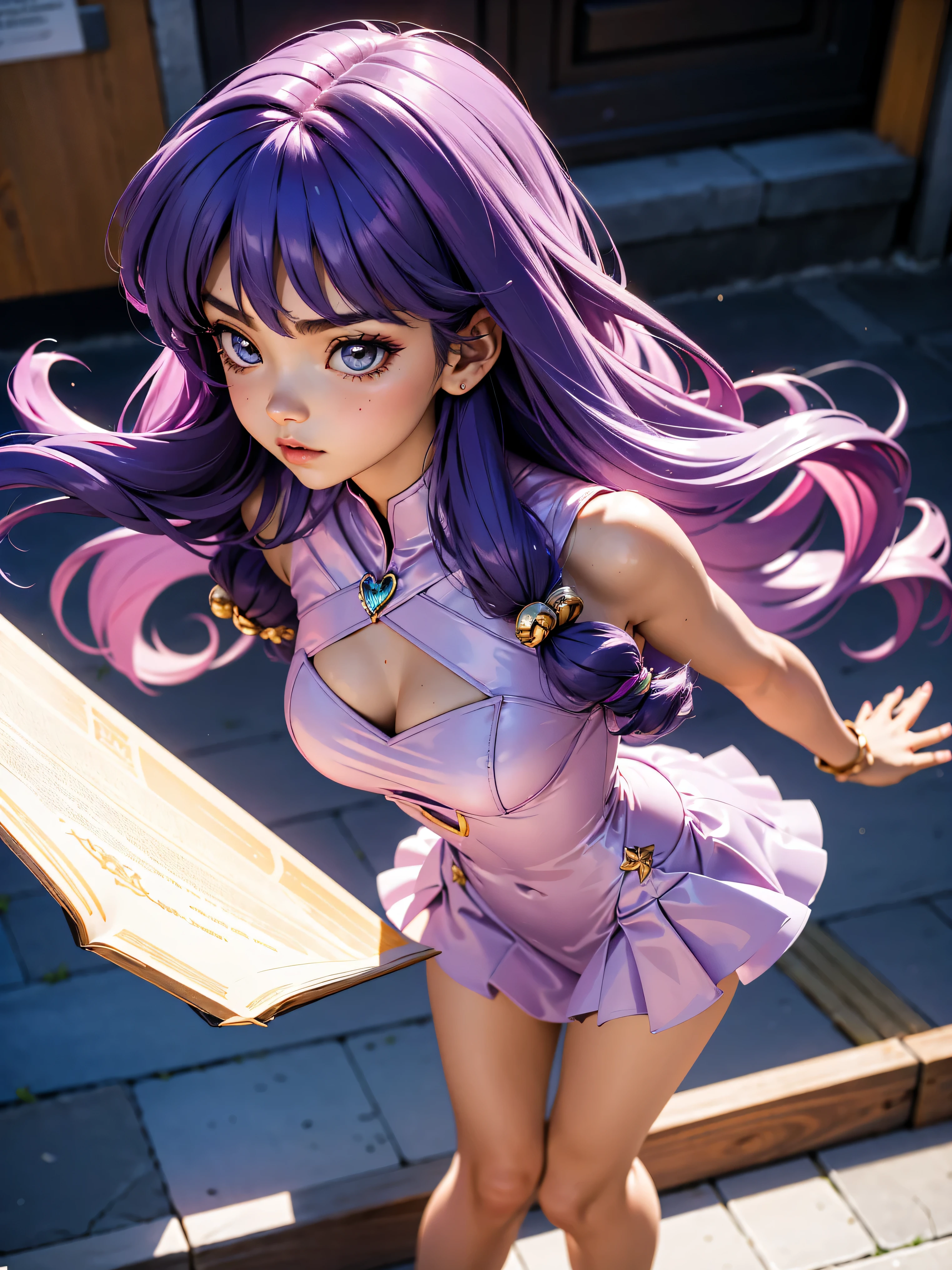 Garota anime de cabelo purple com saia vestido longo purple meio transparente e espartilho, 16 anos, corpo bonito, seios grandes, with hand on waist panties , hand in purple hair, Garota sexy, purple hair, mechas de cabelo laterais, mechas de cabelo na lateral do rosto, beautiful lighting, sombras suaves, olhos azuis, pernas bonitas, cabelo longo roxo, estilo anime, personagem Shampoo Chan, Autora Rumiko Takahashi, Baseado em obra de Rumiko Takahashi, Anime Ranma 1/ 2, decote sexy, quadril robusto, corpo inteiro, corpo inteiro, busto grande, garota jovem com corpo belo e bonito, sandals on his feet, garota 16 anos jovem, usando saia e corset pink e purple meio transparente, garota anime, estilo anime, beautiful feet in sandals, front view angle, ao ar livre, peito grande, seios bonitos, cabelo purple, sandals on the feet, pernas bonitas, sexy, belas pernas, Sandalias, seios grandes, corpo completo, corpo inteiro, feet with sandals, anime realista, saia, sarja roxa, personagem realista sexy, straight standing posture, ao ar livre, calcinha pink, hand in panties, saia vestido com 50% de opacidade meio translucida, corpo ereto, sandalias bonitas