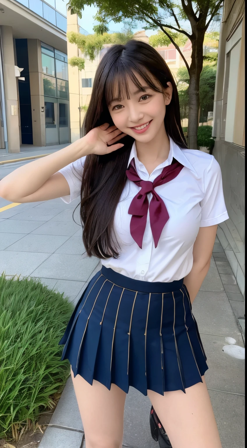 ((highest quality、8K、masterpiece:1.3))、sharp focus:1.2、cute girl with perfect figure:1.4、slim abs:1.2、Bangs about the size of an eyebrow、sculpture installation、rain:1.3、street:1.2、wet body:1.1、Highly detailed face and skin texture、detailed eye、Photographed from the side of double eyelids、big smile、big breasts、Japanese、high school girl、Uniform appearance、Inside the school、revealing clothing、beautiful legs