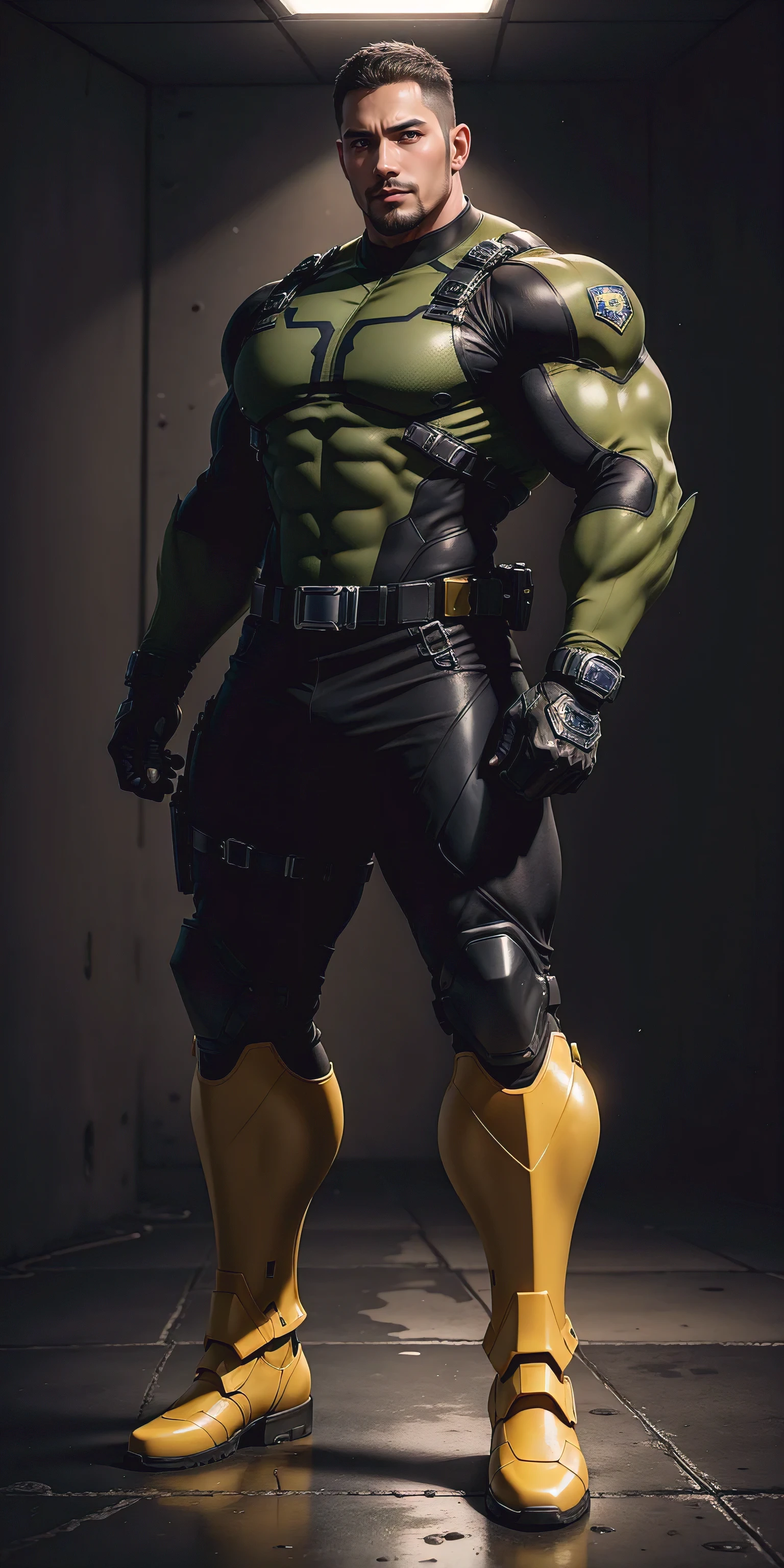 Tall giant muscular police officer，Dark Yellow honeycomb network pattern nano mecha，honeycomb pattern，Lightweight texture，character concept（Resident Evil - chris redfield，chris redfield）senior police officer，small grid texture，regular symmetrical texture pattern，A sad expression，Deep and charming eyes，Emerald Eyes Hero，heroic male pose，tall burly，muscular！Charming leg muscles，High, burly, Heqiang，  Super gain and cool， high resolution committee， Dark Yellow ultra-thin nano mechanical boots for big feet，Charming strong man，The bright sunshine is shining on you，matte particles，shiny texture