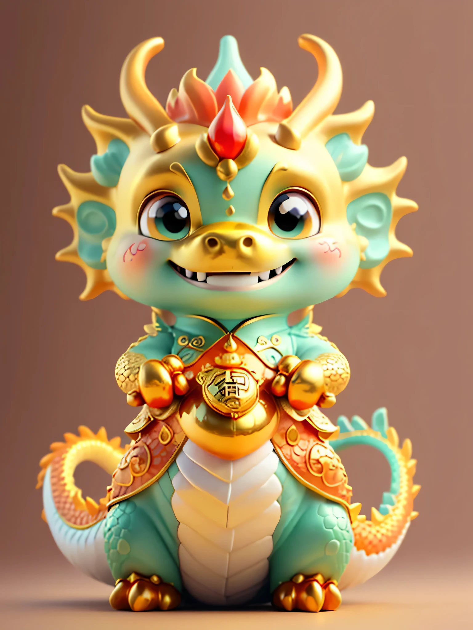 Chinese dragon，The background is casual，Delicate picture quality，HD，Happy expression，golden dragon baby，，bowing