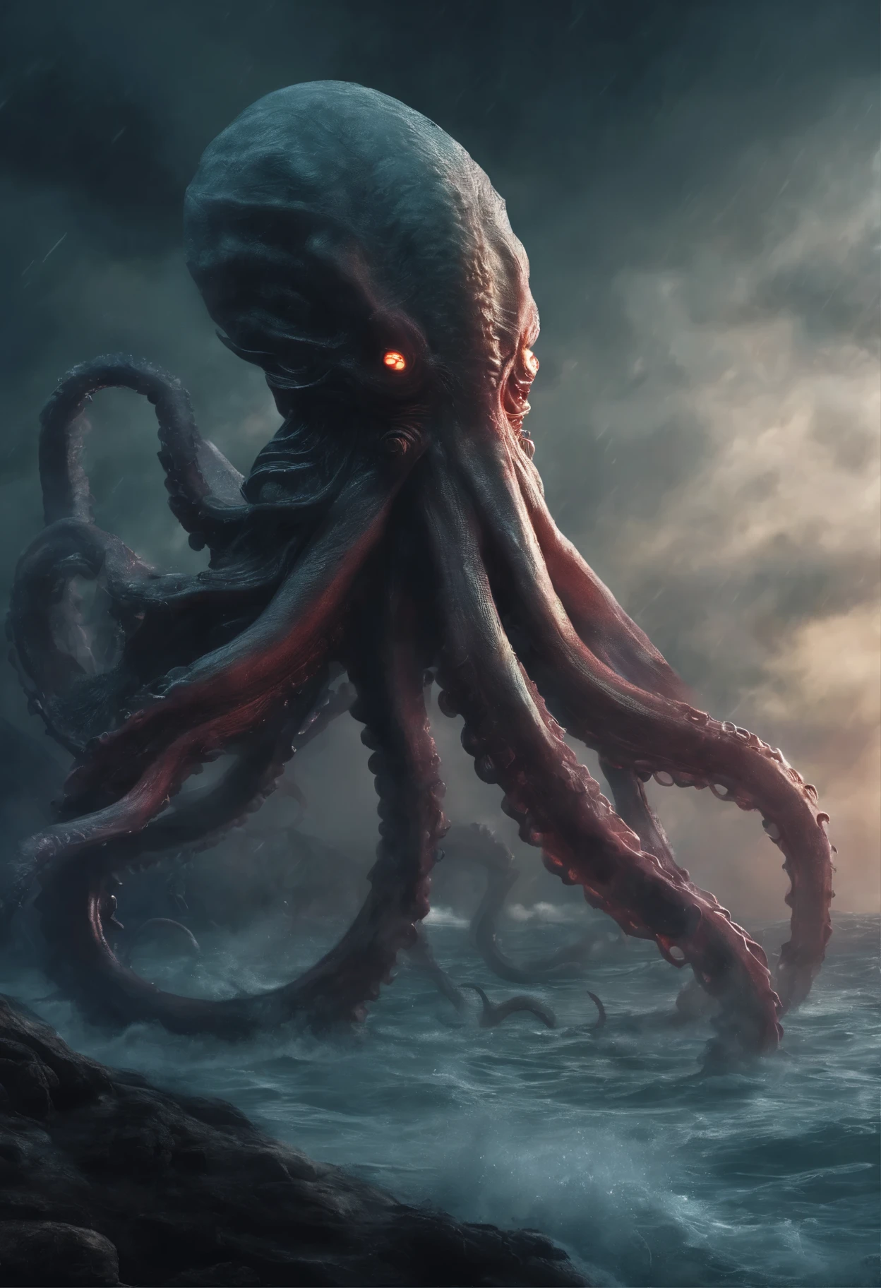 giant octopus monster，Cthulhu in the Cthulhu Mythos，glowing eyes，extremely high detail，High contrast between light and dark，4K，Unreal 5 rendering，best quality，masterpiece，Presented by Octane，look directly，extremely dangerous，The huge body is shocking，The huge body is hidden in the ocean，Only part of body exposed，Hazy smoke，Unable to see the whole body clearly，The horror of despair，The atmosphere is depressing，The spectacle is spectacular，Hero holding sword，brave,serious