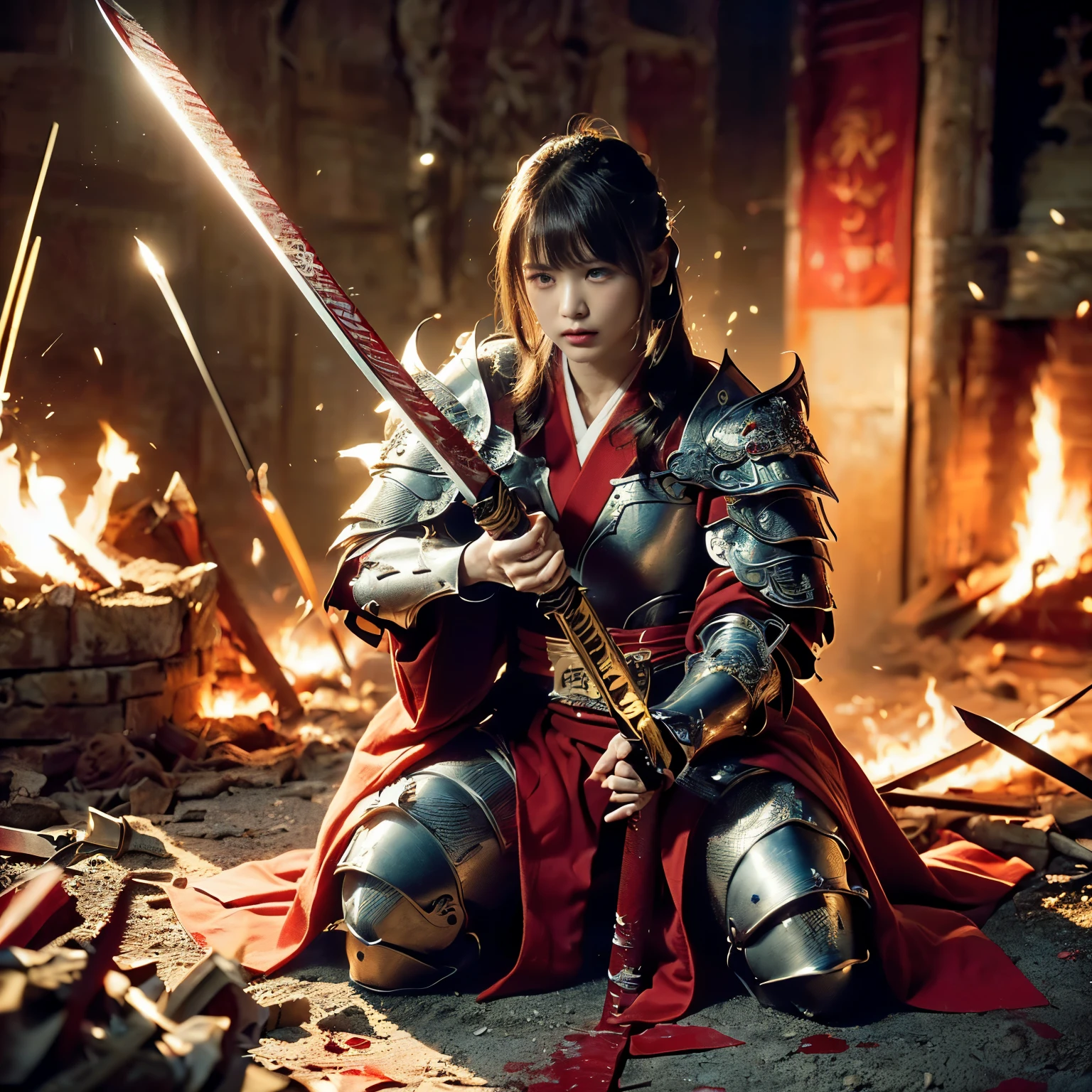(((Realistic, masterpiece, best quality, crisp detail, high definition, high detail, rich detail, sharp focus, colorful, perfect studio lightning))), ((20 years old goddess, kasumi arimura)),(((in the middle of war, epic war scene, severely wounded, slashed, stabbed by swords, pierced by arrows, attack stance))), wearing (((beautiful ornamented golden heavy armor, decorated full body armor, fully armored beautiful kimono, holding katana, blood scattered face, blood tears, blood bath, blood shed))), (((fire everywhere, blood everywhere, death everywhere, japan bakumatsu period, dead bodies,carcass,burned japanese castle,hellish,chaos)) traditional village background)