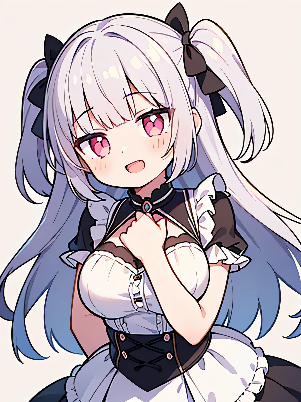 Pueros face_V1:0.24, highest quality, realistic, 8K, High resolution, 1 girl, 16 year old girl, (skin dents), (portrait), ((simple background:1.62)), full color, ((big round breasts,exposed chest,frills)), look straight at the viewer:1.8, (1 girl eyes looking at viewer:1.55), (Long-length hair, silver hair, two side up,straight bangs:1.45,pink eyes), (Bokeh),looking at the viewer,open mouth smile,Shining eyes,cute pose,sparkling eyes,Super high quality,dynamic pose,Urban background、date situation