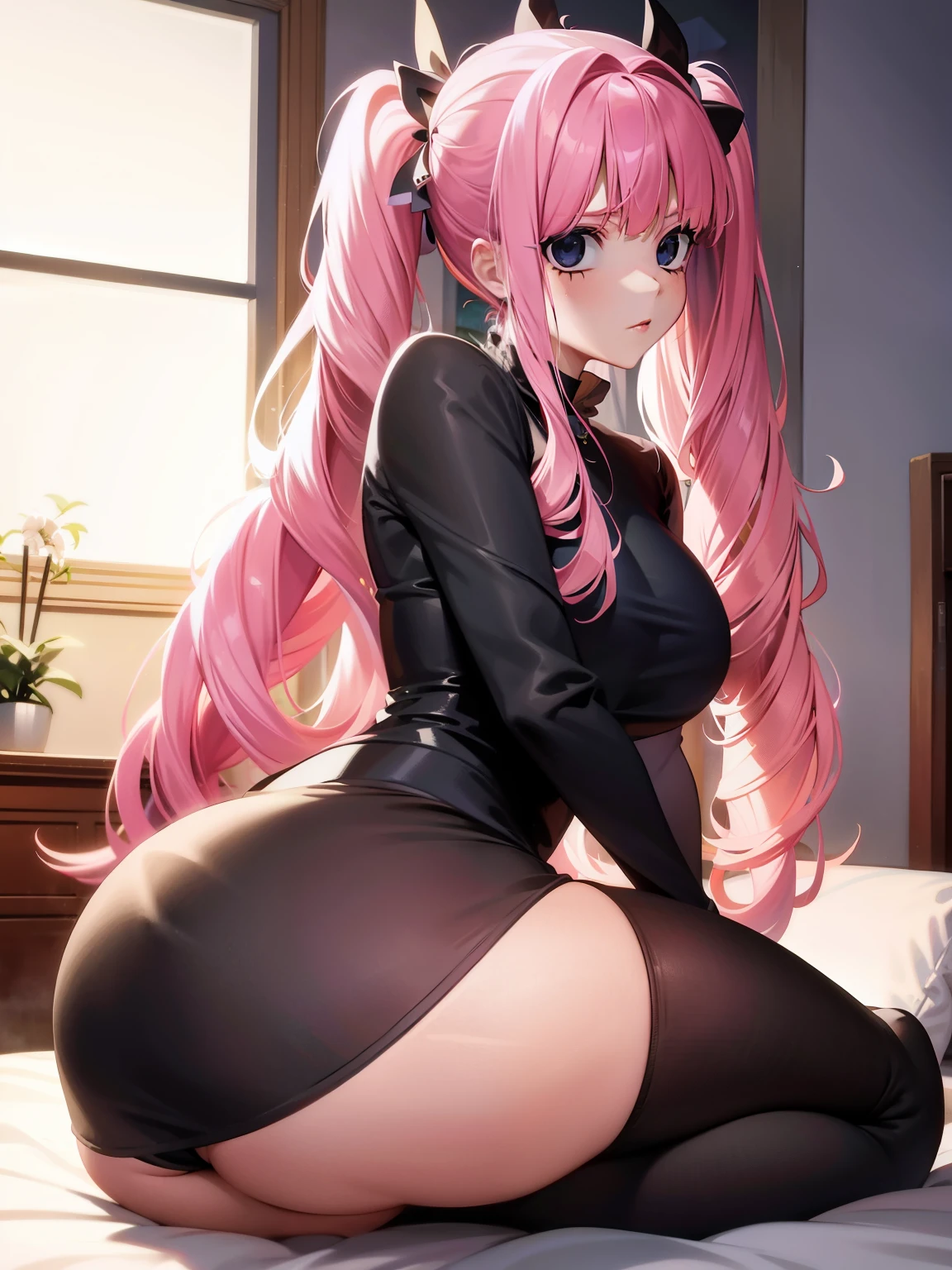 anime girl with pink hair sitting on a bed in a room, dogyystyle, seductive anime girl, beautiful anime girl squatting, thicc, extremely detailed artgerm, oppai cyberpunk, beautiful alluring anime woman, top rated on pixiv, succubus in tight short dress, anime girls, anime girl, anya from spy x family, lit from behind, bending over