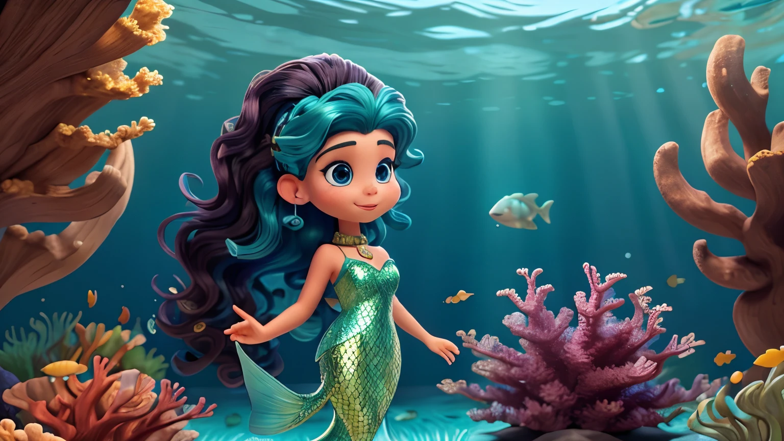 Once upon a time, in the depths of the ocean, there was a young mermaid named Marina. Marina lived in a vibrant coral reef with her family and friends. She was adventurous and curious, always eager to explore the vast underwater world beyond the reef.

Features of marina :
 mermaid,
Long curl Hair brown flat colour hair , blue eyes children book illustration style, .

Marina Outfit :
dark blue colour tail and green colour top, diamond chain on neck .

Features of marina father :

50 years old male mermaid, Brown curly short hair , black eyes.

Marina fathers outfit :

Dark green colour tail, gold bracelet in left hand.

Features of marina mother :

35years old female mermaid, 
Black long straight hair, blue eyes.

Marina mothers outfit :

Purple colour tail, blue colour top, Ruby necklace in neck , diamond ring in right hand ring finger.