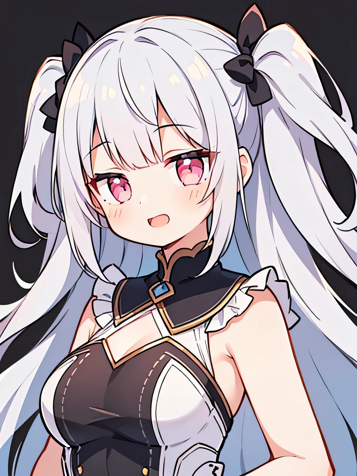 Pueros face_V1:0.24, highest quality, realistic, 8K, High resolution, 1 girl, 16 year old girl, (skin dents), (portrait), ((simple background:1.62)), full color, ((big round breasts,exposed chest,frills)), look straight at the viewer:1.8, (1 girl eyes looking at viewer:1.55), (Long-length hair, silver hair, two side up,straight bangs:1.45,pink eyes), (Bokeh),looking at the viewer,open mouth smile,Shining eyes,cute pose,sparkling eyes,Super high quality,dynamic pose,date situation