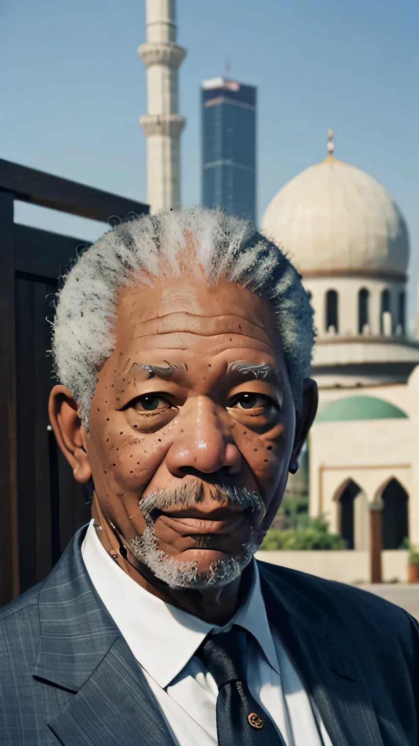 Morgan Freeman with masjid in background blur, close up