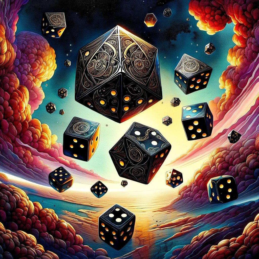 Antique black dice, in dynamic flight around planet Earth, captured in a double exposure style, watercolor by Greg Rutkowski, hyperrealism, hyperdetailed, gloomy atmosphere, dramatic, 32k resolution, trending on ArtStation, sharp focus, studio photo, intricate details, highly detailed.  rendering in Unreal Engine, acrylic texture adding depth, grunge aesthetic filling character, ultra HD, bright colors, high detail, UHD pen and ink, perfect composition, intricate, high quality, masterpiece. best quality,, super detail