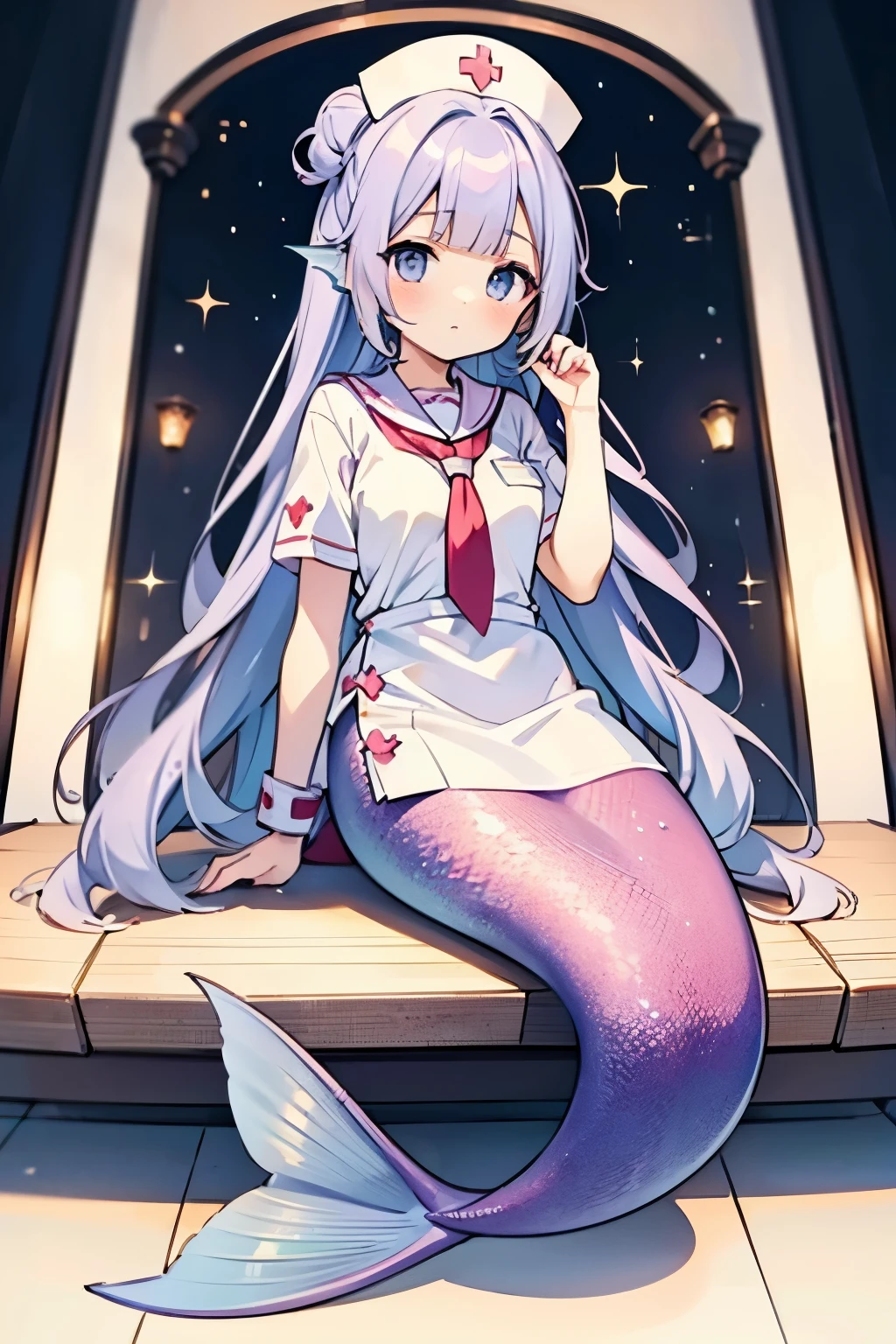 masterpiece, best quality,a female,Mermaid,white mermaid tail,full-body shot,Nurse,Nurse服,sitting position,charming脸(kawaii, charming,soft)