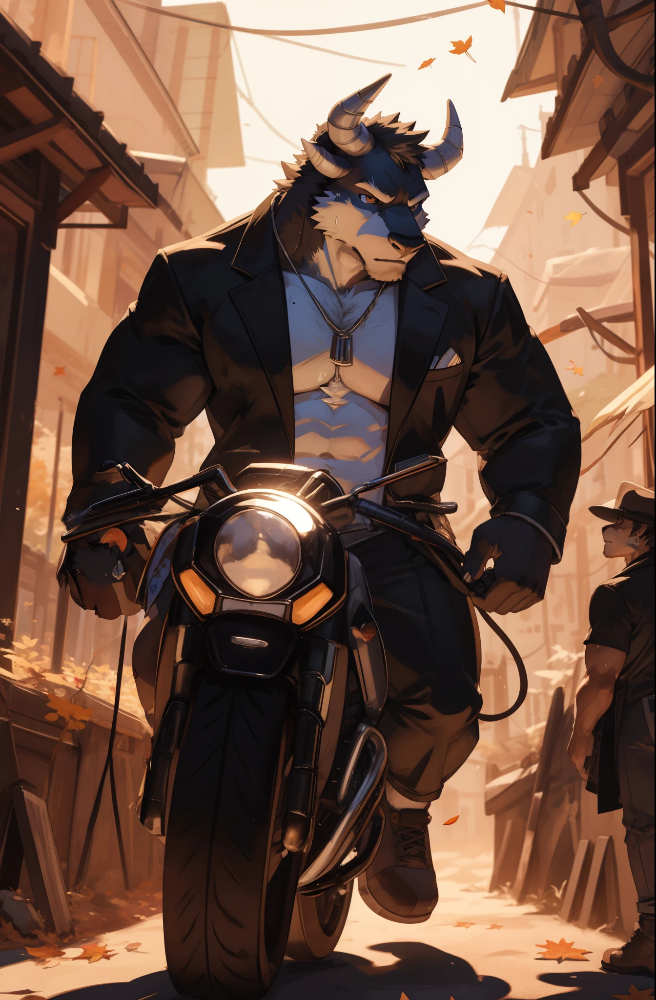Solo, male, medium muscular, german shepherd, dog, biker, shirtless, leather vest, blue jeans, leather chest harness, gun holster, gun,leather fingerless gloves, fingerless gloves, workboots, boots, cigar, cigar in mouth, nipple piercing ((focus body, furry focus, shades focus, body shades)) nice body, standing, motorcycle, posing, one arm raised, flexing one arm, exposed right armpit, armpit hair, bulge, groping bulge, left hand on bulge, touching crotch, model, light, shades, 4k, high quality (((biker bar background, outside))), by darkgem, by mystikfox61