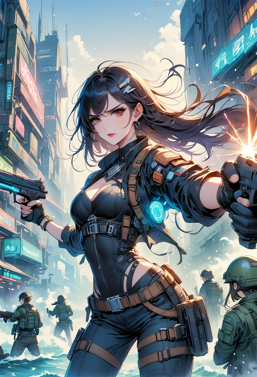 (8K, original photo, masterpiece:1.3), (actual, photo-actual:1.37), (night), (looking at the audience:1.331), (white hair), pose, Tokyo Street, nightcityscape, Cyberpunk City, soft light, 1 girl, extremely beautiful face, broken to pieces, hands down, Random hairstyle, random expression, big eyes, lower abdomen, (short sleeves .Jie Kang_shirt), Jie Kang_style, (dark blue Jie Kang_skirt), (bow Jie Kang_tie), Mix 4., best quality