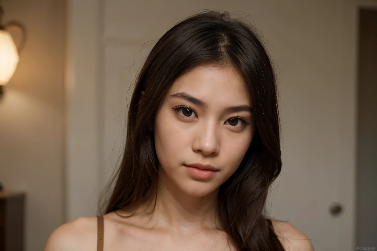 A very beautiful and attractive asian/American girl with pretty eyes, tan, blond hair.  Very realistic 
