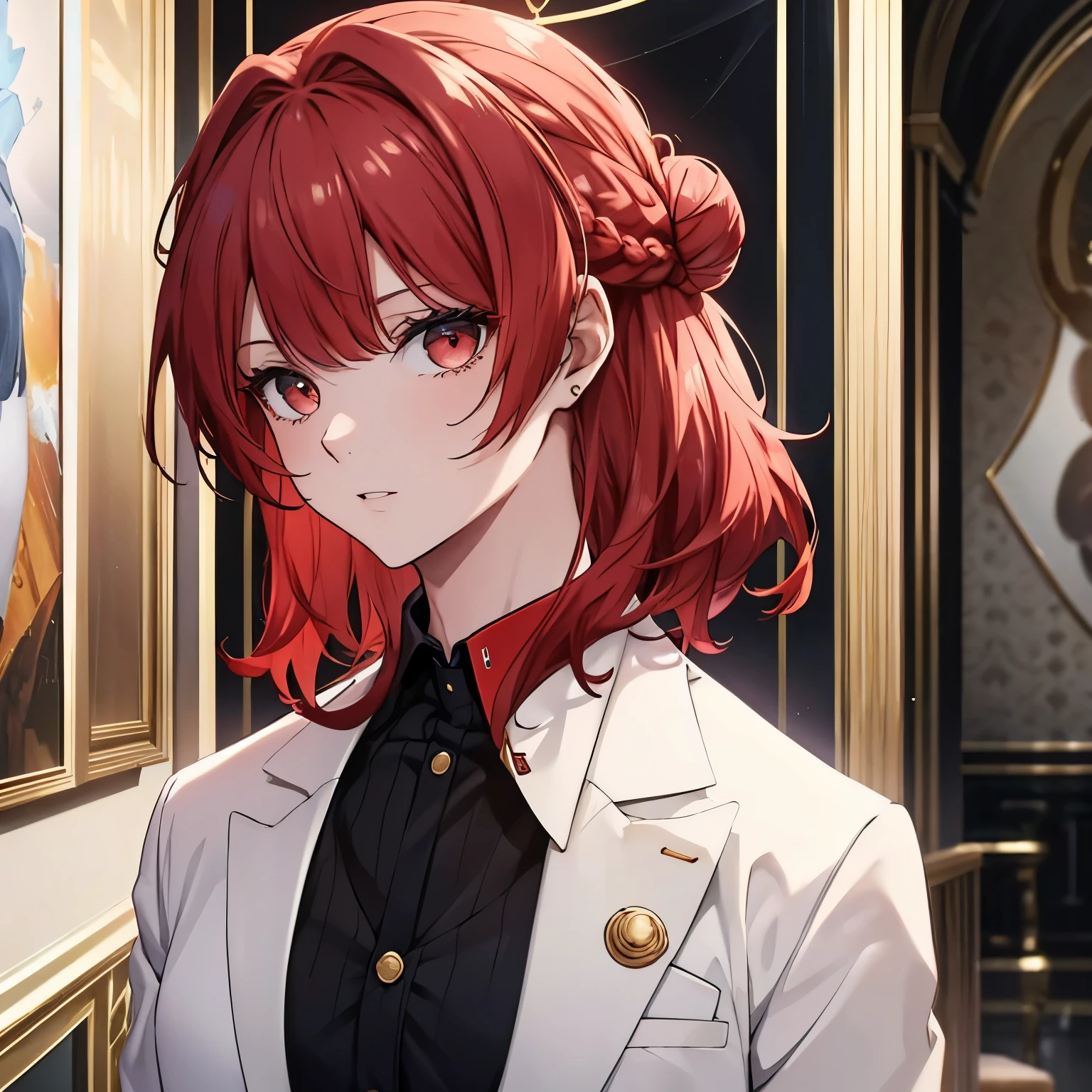 masterpiece,highest quality,high resolution,Emperor collar Henri,22 years old,157cm,Red hair,One bun,half up,Cream suit,Black inner,front