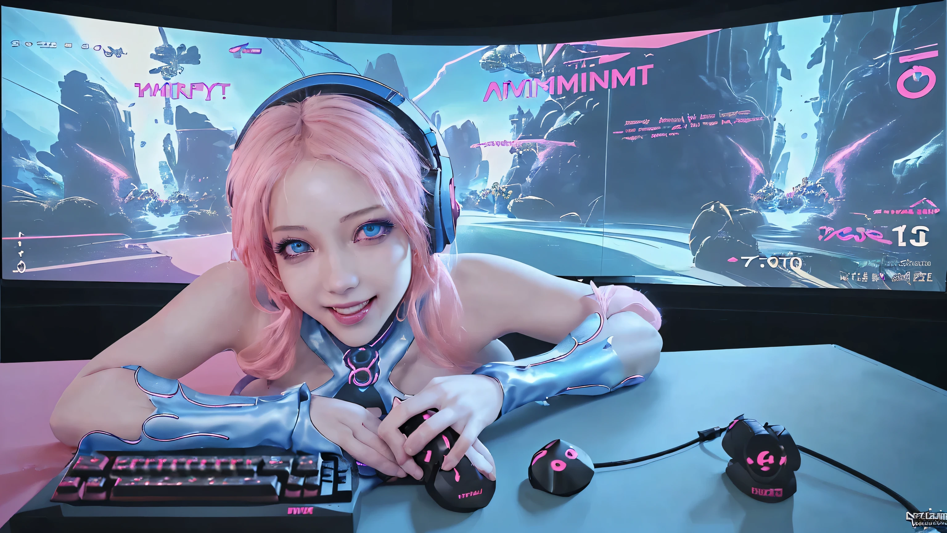 (best quality,4k,highres),ultra-detailed,physically-based rendering,(vivid colors:1.1),(playful expression:1.1),beautiful detailed eyes,beautiful detailed lips,cosplay costume,(dynamic pose:1.1),(dedication to gaming:1.1),energetic and action-packed atmosphere,(immersed in virtual world:1.1),(anime-style artwork:1.1),glowing digital effects,electric blue accents,brightly lit studio with soft lighting,artistic interpretation of video game elements,creative composition,cartoonish style,scenery with video game elements,headphones,console controller,keyboard,attractive background,sexy outfit. Cyberpunk, cute smile, pink blue, sexy lingerie, gaming room