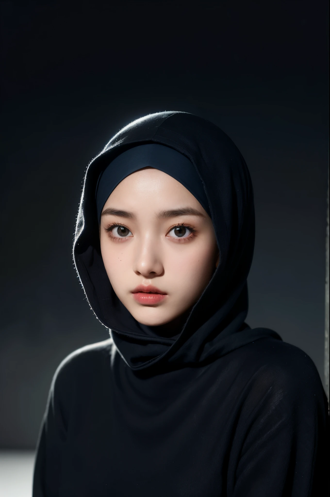 a 20 yo woman,hijab, sweater, dark theme, soothing tones, muted colors, high contrast, (natural skin texture, hyperrealism, soft light, sharp), simple background, Dark Blue.