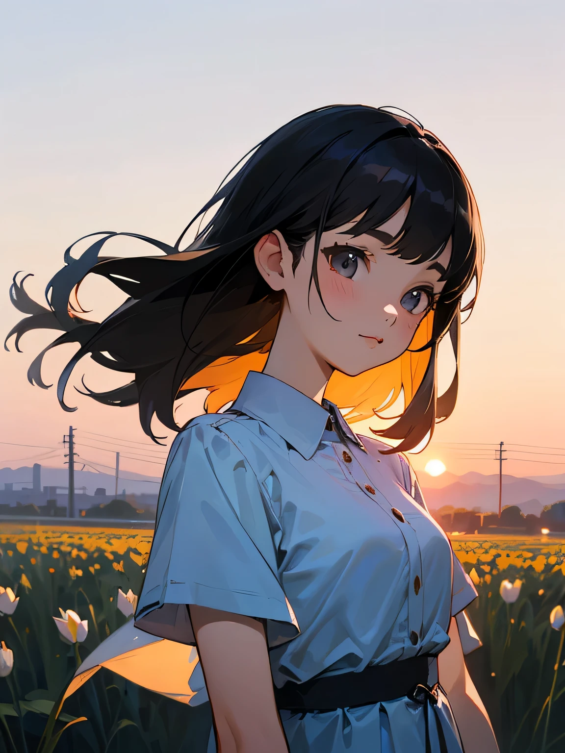 girl、black hair、upper body、28 years old、spring、sunset, (blue blouse:1.2)