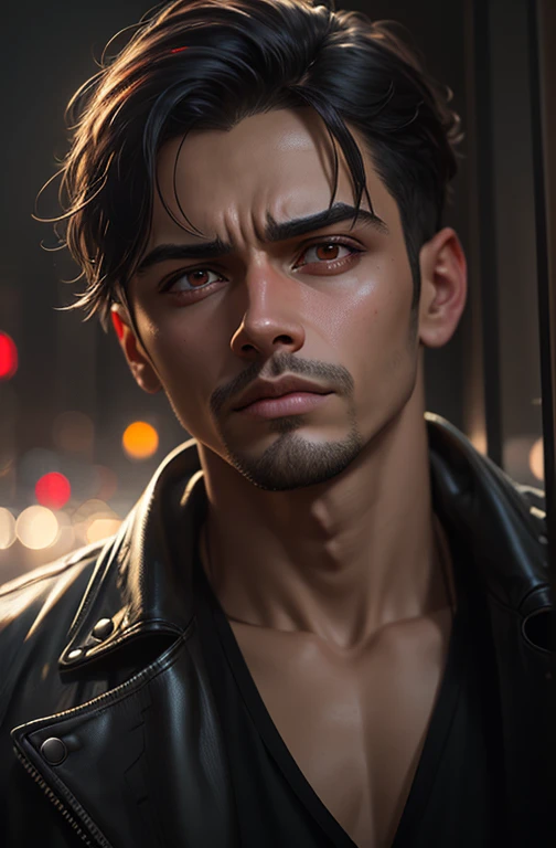 YOUNG DETECTIVE , realistic, male, (color), post-production, intricate, (radiosity), dark red eyes, (highest quality), neon city background, gloomy, depressed, dim, A close-up of a somewhat vicissitudes of a male with a deep expression, deep eyes, serious, fireflies, oil painting style, digital art oil painting, Steve Henderson style, digital expressive oil painting, inspired by Richard Schmid, stunning digital paint, oil painting style, digital oil painting, Henry Asensio, WLOP painting style, Pinault Dyney style, Pinault Dyney style 