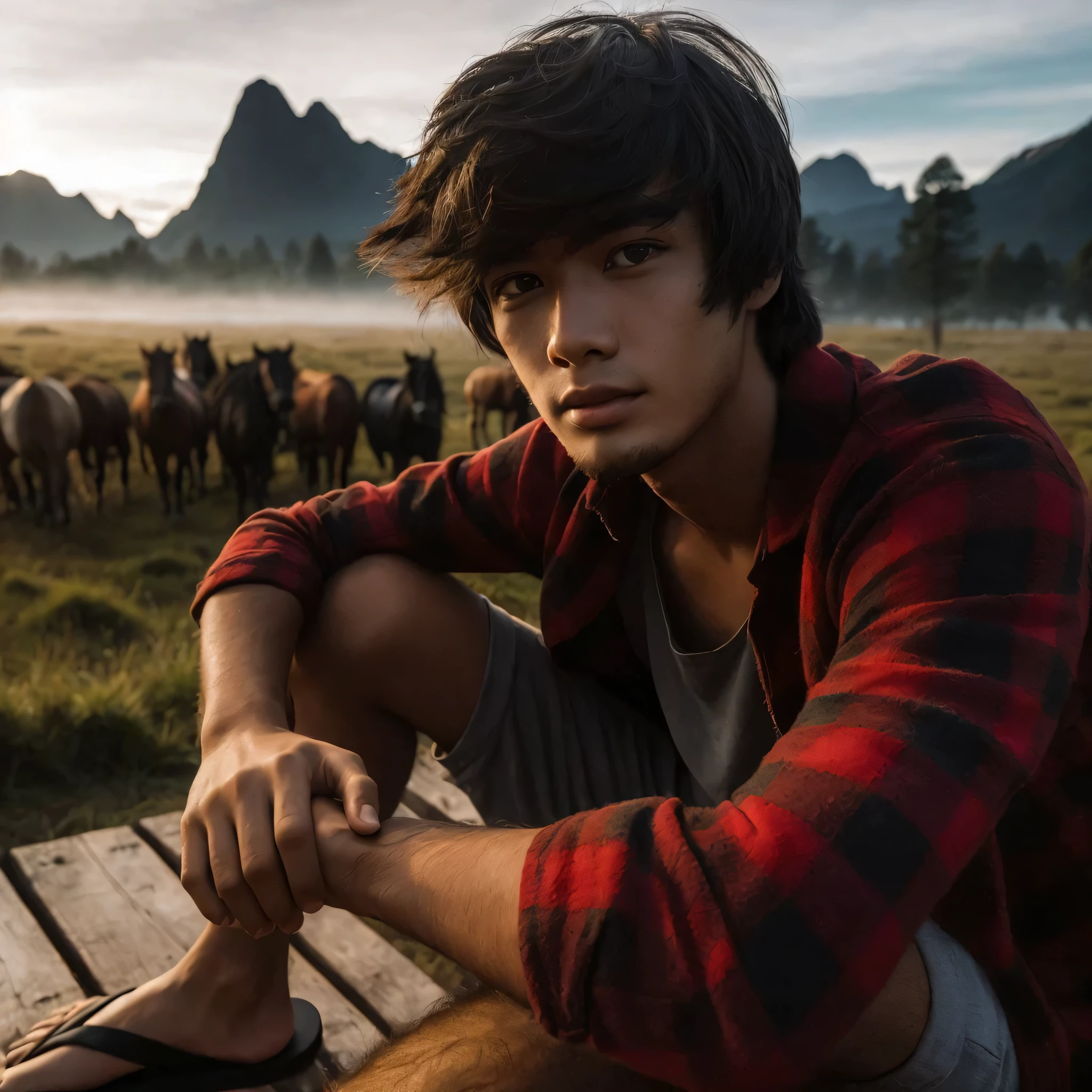 young Indonesian man , handsome and clean face, facing forward, shaggy shaggy hair, wearing red flannel, shorts and flip-flops, sitting on a natural wooden long chair, grassland and mountain silhouettes in the background, a group of horses, even lighting, low contrast, cinematic, natural lighting, moody, very detailed, 8K, UHD