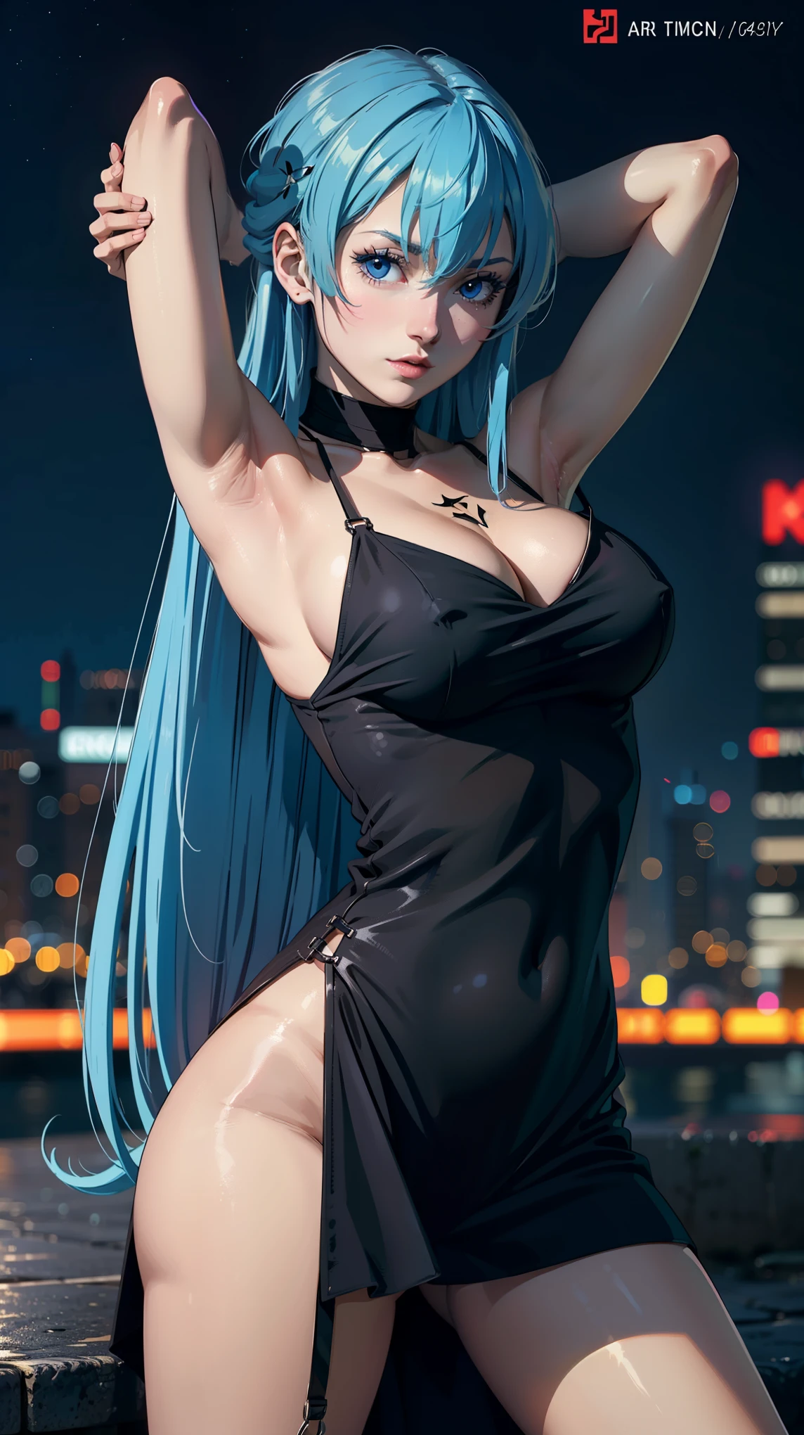 Masterpiece, high quality, 8k, ultra detailed, detailed face, (esdeath),solo, large breast, cleavage, bare thigh, (elegant, diamond jawerly), (night city view:1), (black dress), (paris), bare arms,(armpits poses)