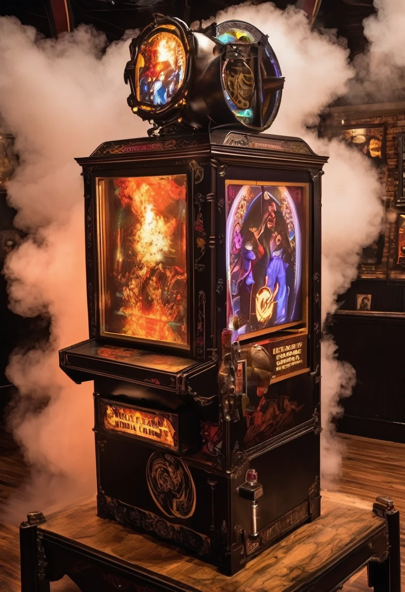 Mortal Kombat arcade game, made in 1800s England, steampunk machine, holographic gameplay projected on a cloud of steam

