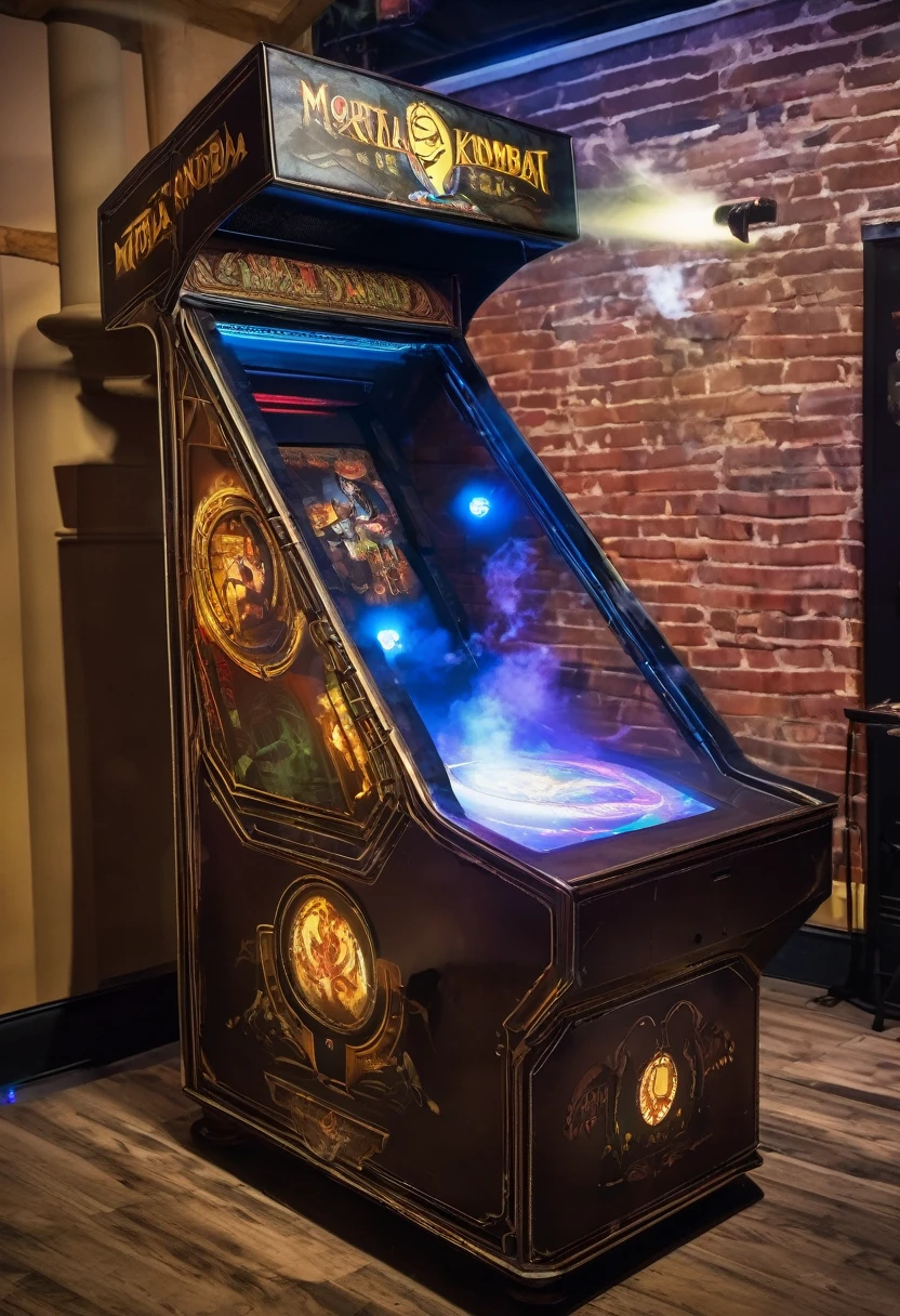 Mortal Kombat arcade game, made in 1800s England, steampunk machine, holographic gameplay projected on a cloud of steam