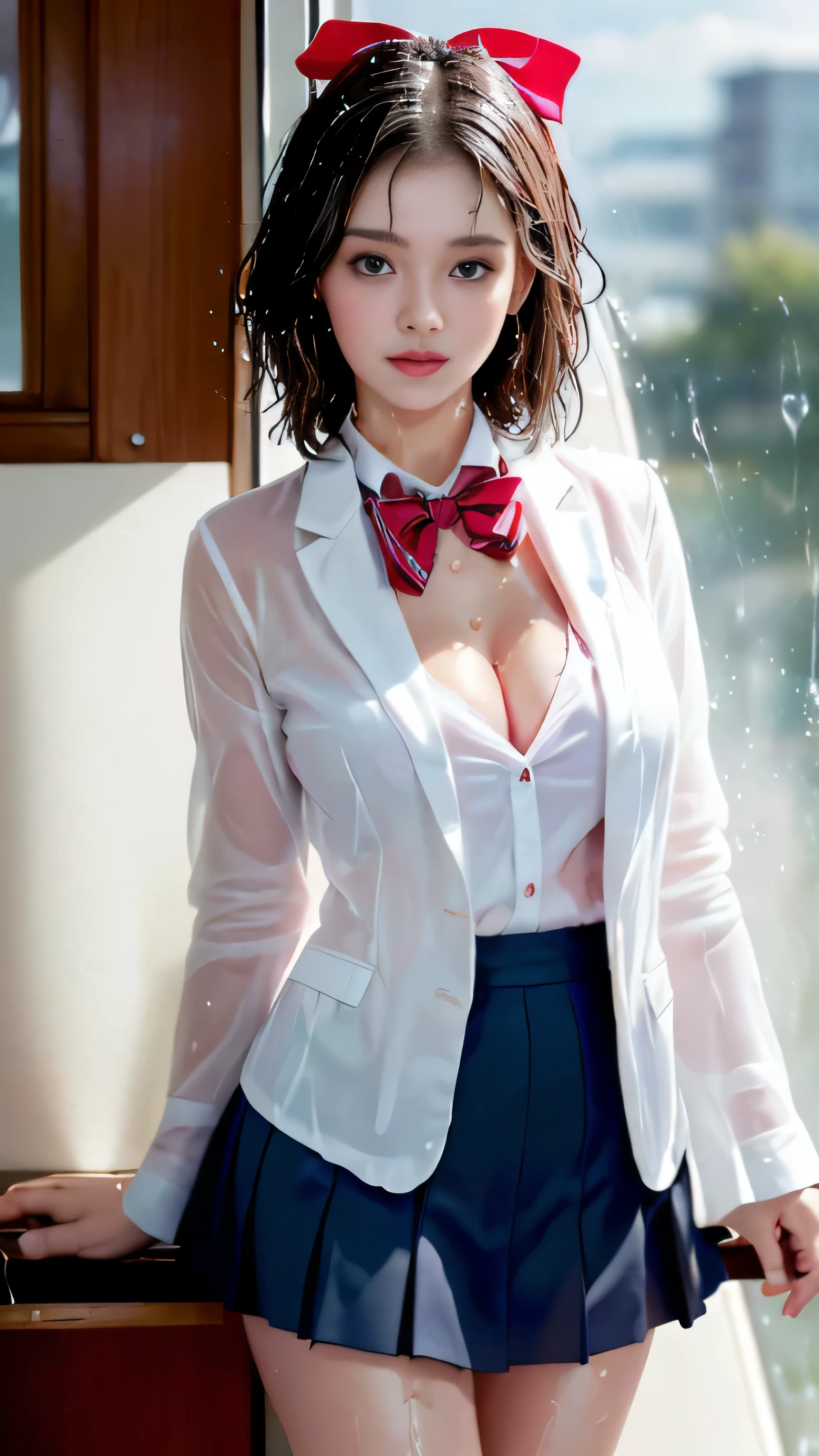 ((High school girl standing in front of the train door)),((white blazer))、((Wet translucent white blouse、red bow tie、dark blue checked skirt)). 40k, photo shoot, table top, highest quality, cloudy gray sky, ((1 girl with beautiful eyes、Brown Light、wet short hair, . white skin, Various poses.((medium sized breasts,:1.1)), highest quality, table top, ultra high resolution, (realistic:1.4), Raw photo, (perfect body shape), (slim:1.3), slim belly, Perfect slim figure, dynamic pose, (((large :0.9))), alone, Cold light 12000K, very detailed facial and skin texture, fine eyes, realistic eyes, detailed and beautiful eyes, (realistic skin), Charm, 超A high resolution, surreal, very detailed,(she is wet),(nipple、pink is transparent)