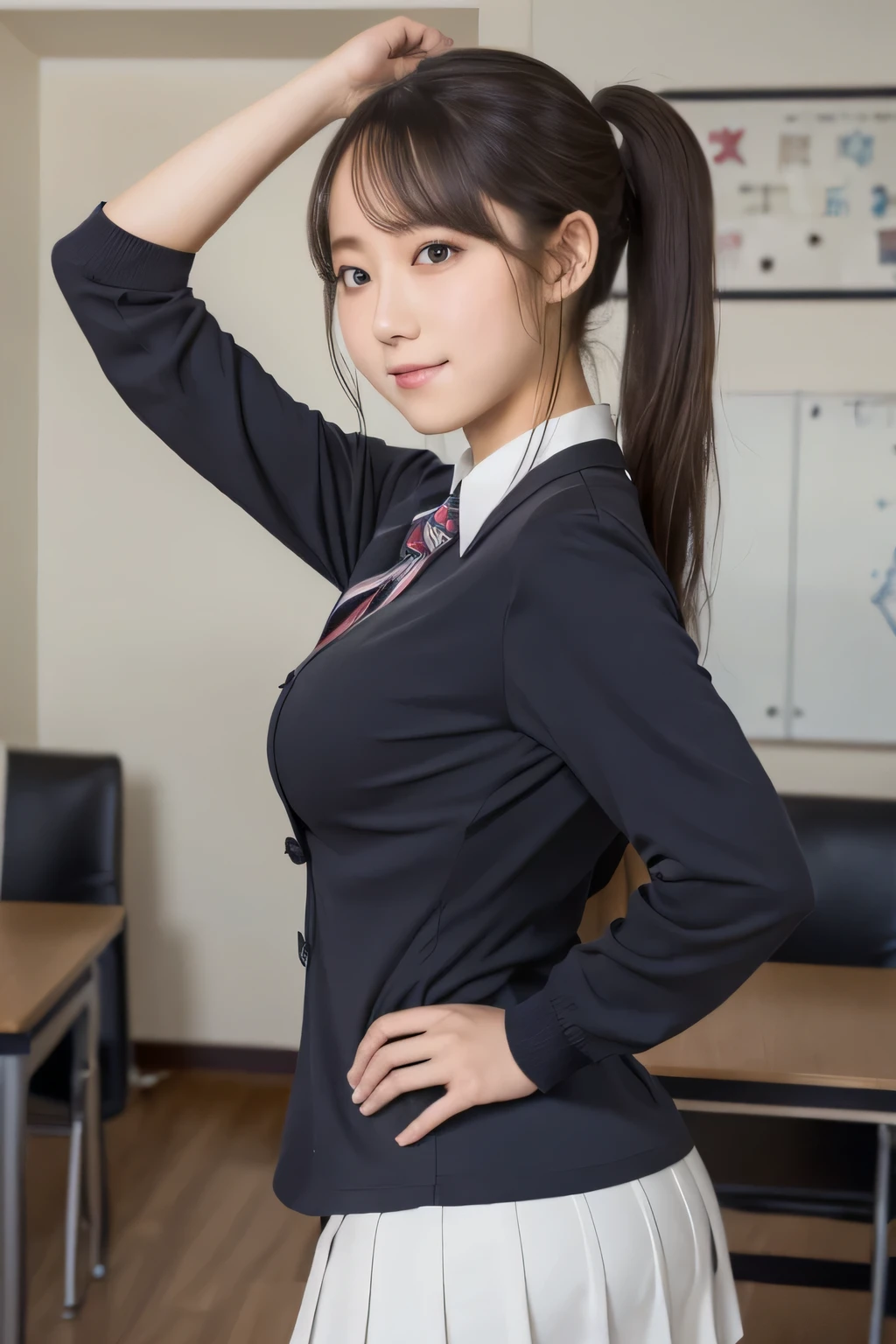 1 girl,beautiful and fine eyes,cute,professional lighting,highest quality, Beauty, (School uniforms:1.3), indoor, ponytail, (big breasts:1.3), well-groomed face, School, (Booty pose:1.3)