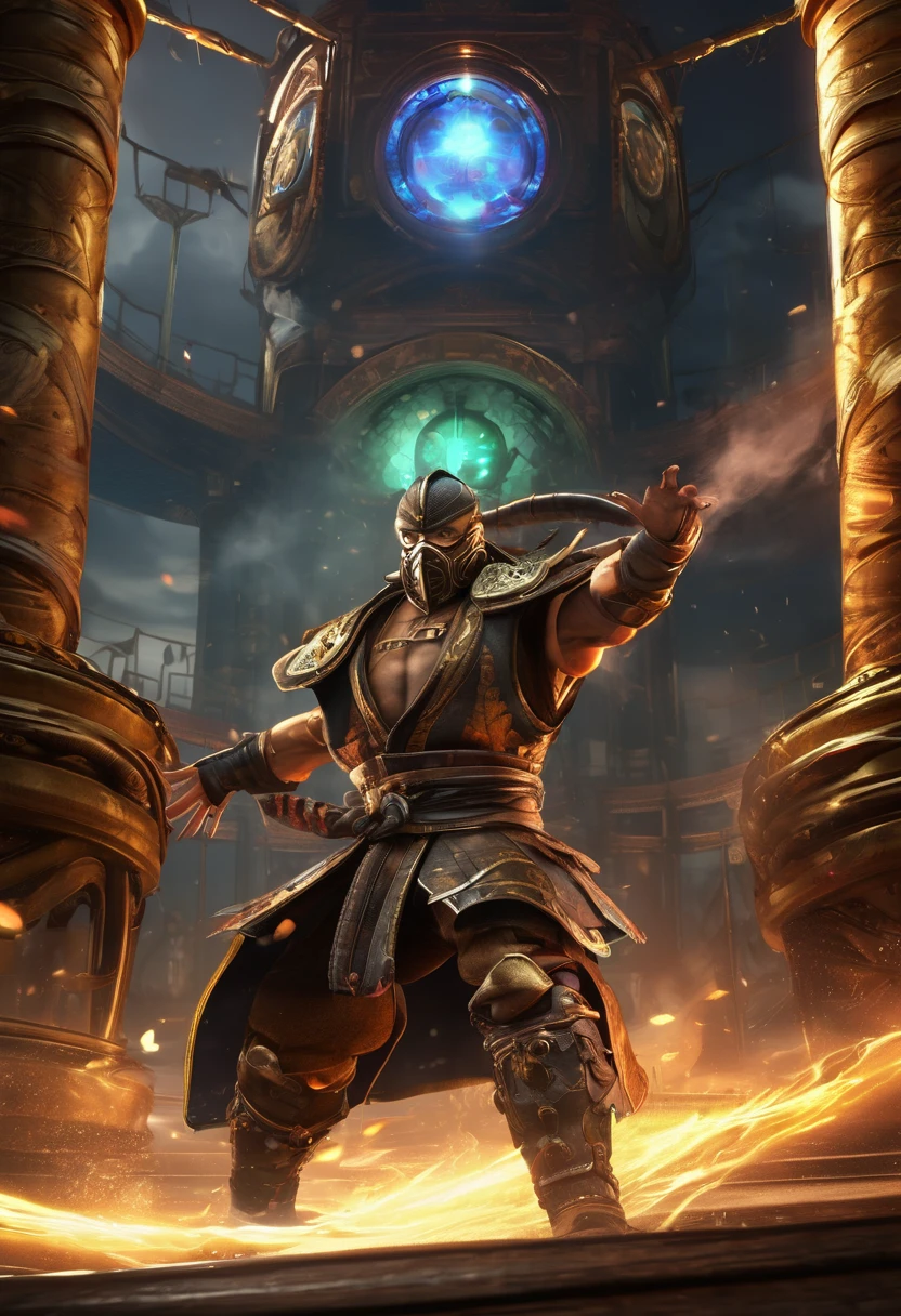 (best quality,4k,highres,masterpiece:1.2),ultra-detailed,realistic:1.37,Mortal Kombat arcade game,steampunk machine,1800s England,holographic gameplay,cloud of steam,vintage,engravings,brass details,ornate design,gears and cogs,mechanical contraption,smoke and steam effects,retro technology,copper pipes,polished wood panels,glass display,satin curtain,vivid colors,fast-paced action,dynamic poses,energetic movements,detailed characters,powerful martial arts,bloody battles,arena battle,electrifying atmosphere,exhilarating gameplay,mysterious background,magical lighting,foggy atmosphere,dramatic shadows,glowing energy orbs