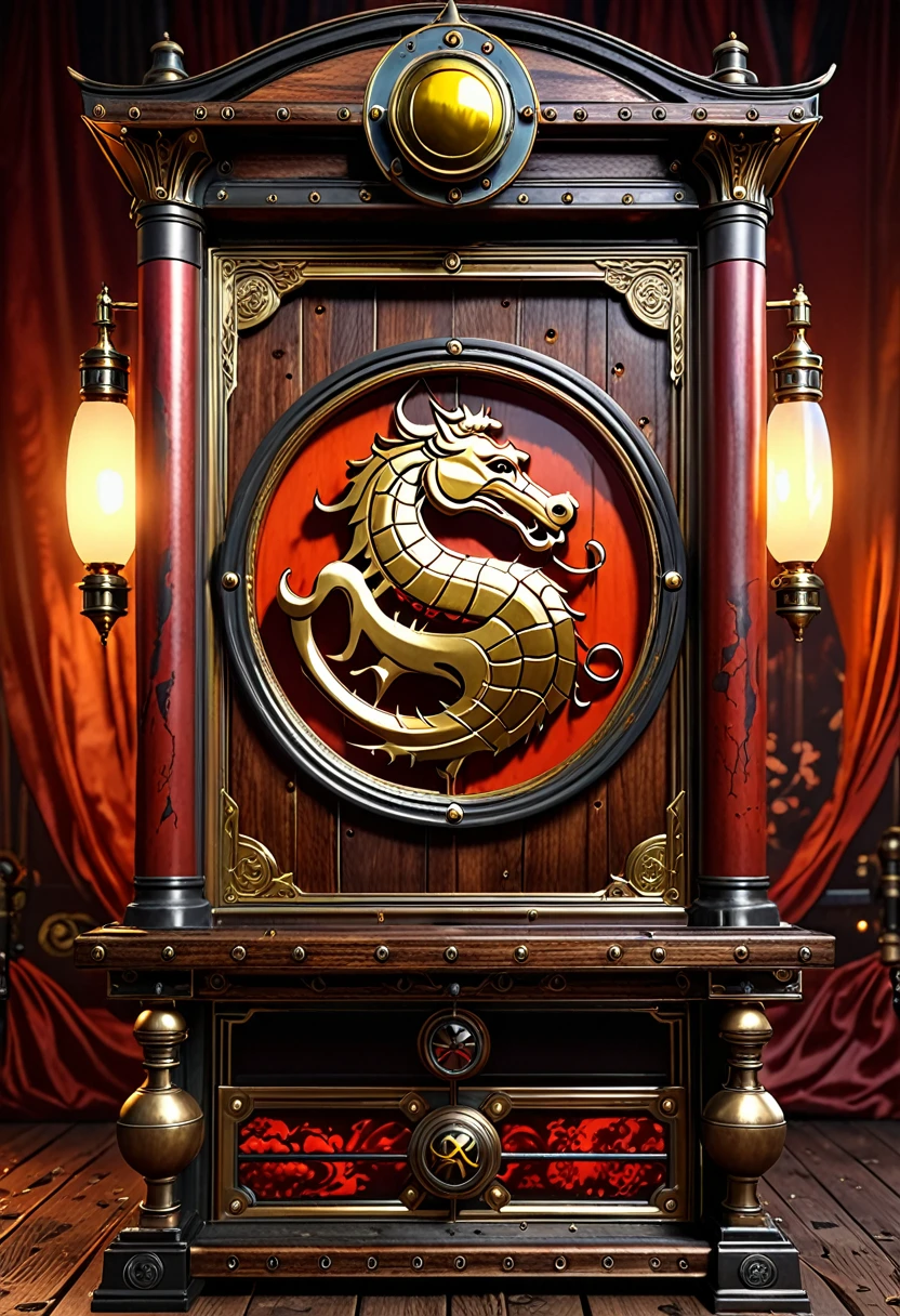 (best quality,4k,highres,masterpiece:1.2),ultra-detailed,realistic:1.37,Mortal Kombat arcade game,steampunk machine,1800s England,holographic gameplay,cloud of steam,vintage,engravings,brass details,ornate design,gears and cogs,mechanical contraption,smoke and steam effects,retro technology,copper pipes,polished wood panels,glass display,satin curtain,vivid colors,fast-paced action,dynamic poses,energetic movements,detailed characters,powerful martial arts,bloody battles,arena battle,electrifying atmosphere,exhilarating gameplay,mysterious background,magical lighting,foggy atmosphere,dramatic shadows,glowing energy orbs