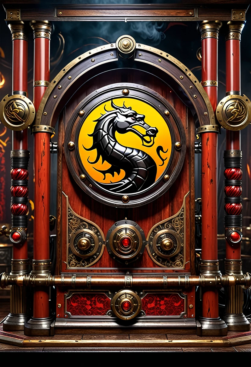 Mortal Kombat arcade game, made in 1800s England, steampunk machine, holographic gameplay projected on a cloud of steam

