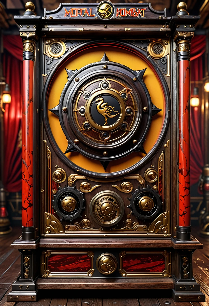 Mortal Kombat arcade game, made in 1800s England, steampunk machine, holographic gameplay projected on a cloud of steam
