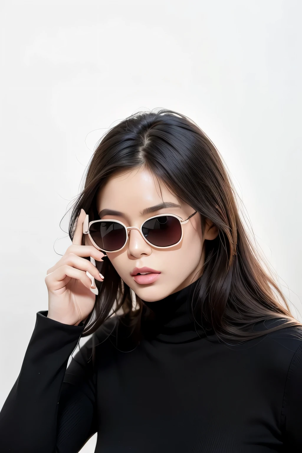 There is a woman wearing a black turtleneck and white sunglasses, Comes with sunglasses, full length view. white plastic, digital sunglasses, Comes with sunglasseses, white glasses, ( Ivory black ), Wearing cool sunglasses, Wear sunglasses, futuristic sunglasses, Formula shaped glasses, A very yellow-spotted woman in white, sunglasses, woman wearing rose colored glasses