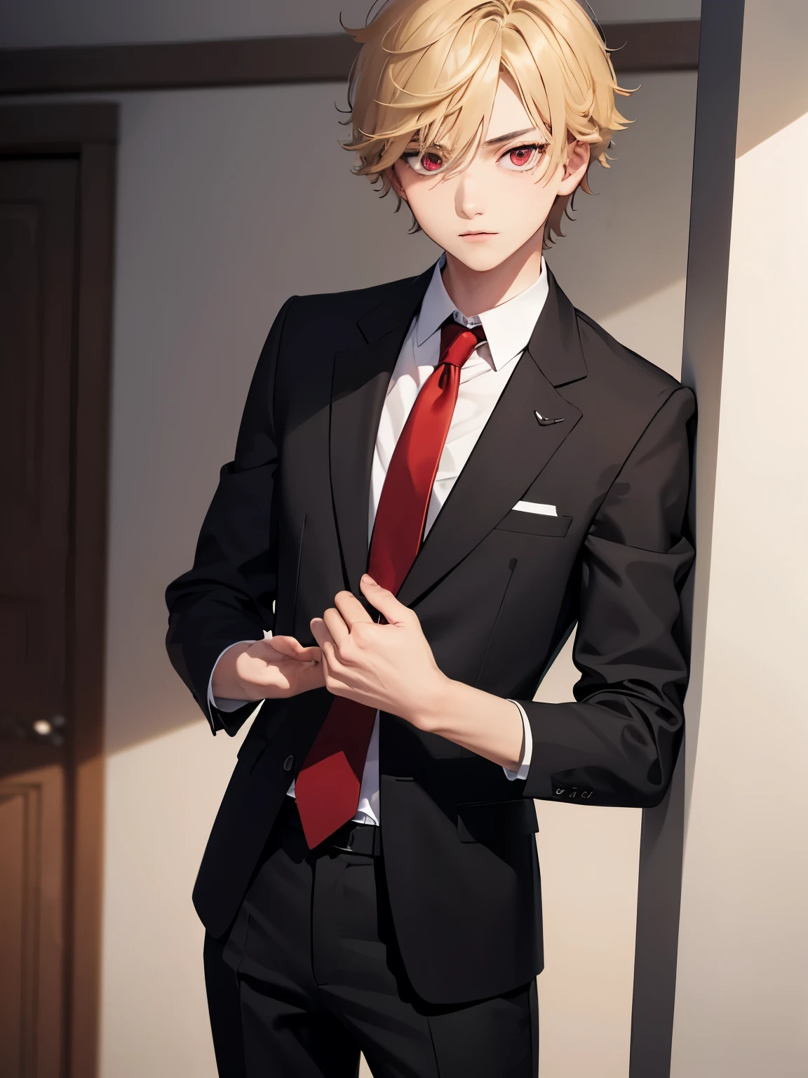 1boy,handsome,15 years old,Standing in class,half body photo,Perfect face, HD face, ultra detailed face, short hair, blonde hair, messy hair, bright red eyes, vampire, black shirt, black trousers, red tie, ultra detailed, ultra HD