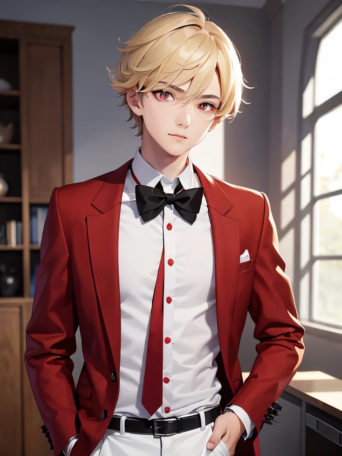 1boy,handsome,,Standing in class,half body photo,Perfect face, HD face, ultra detailed face, short hair, blonde hair, messy hair, bright red eyes, vampire, Red jacket, white shirt, black trousers, red tie, ultra detailed, ultra HD