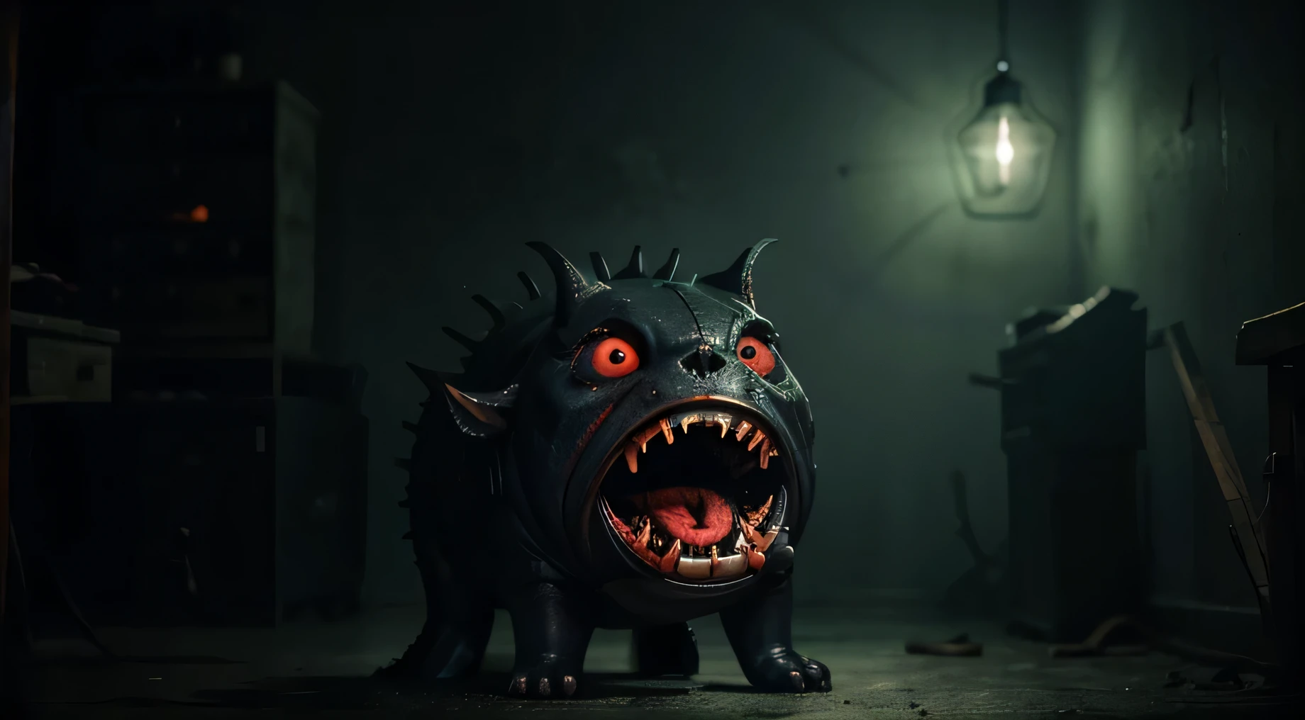 A creepy atmosphere with scary monster opening it's angler fish mouth 