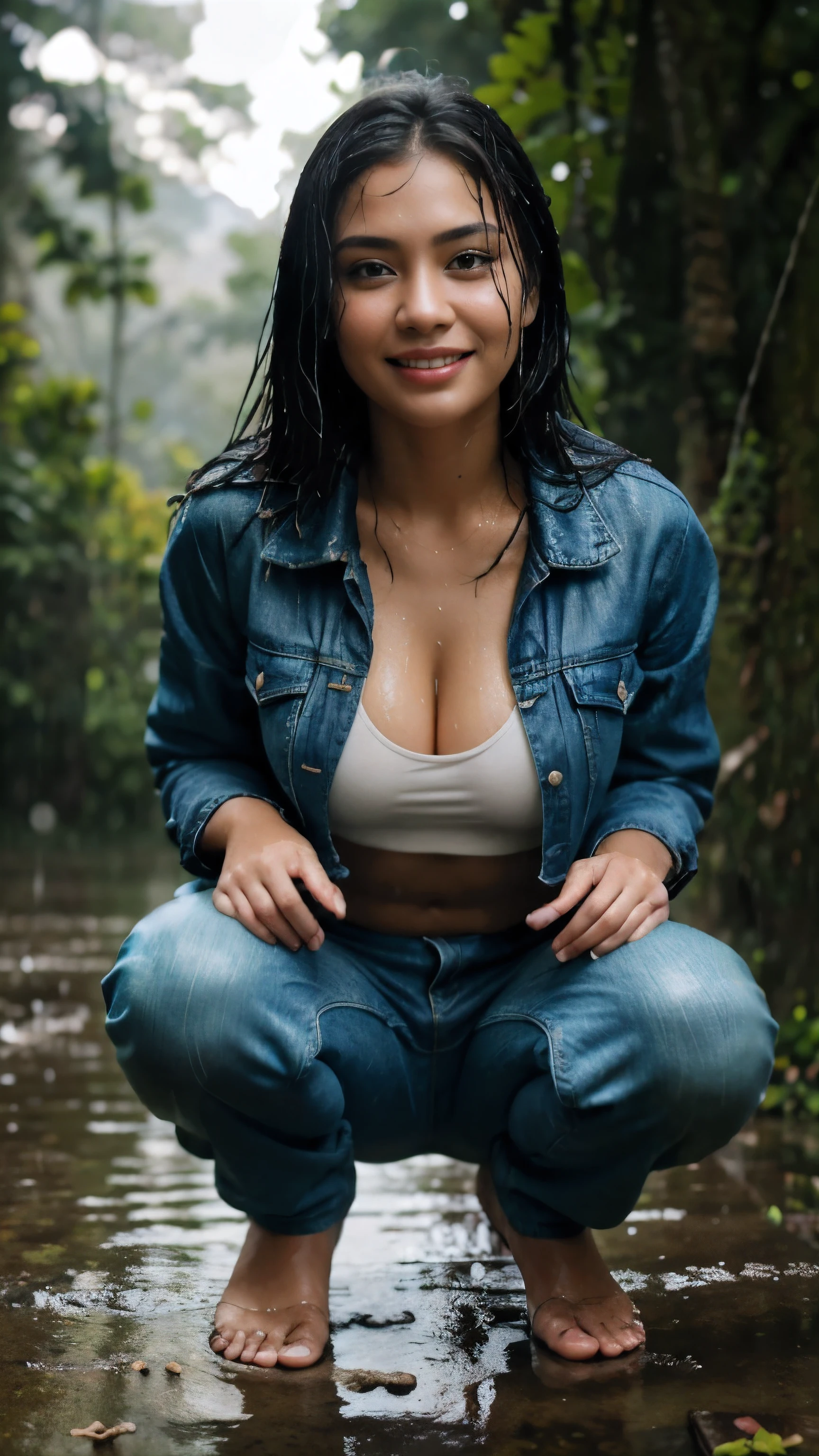 RAW, Best quality, high resolution, masterpiece: 1.3), beautiful Malay woman in raincoat, high resolution, Masterpiece: 1.3,  Masterpiece, Soft smile,  black hair, crouching on rock, raining, vines all around, giant and wet trees ,bright sunshine, denim jacket unbuttoned, crop top, long pants, highres,4k,HDR,1girl, photorealistic, realistic,sweat skin, wet clothes, wet body, big breast, ((full body))soaked, dripping, smiling at viewer, closeup