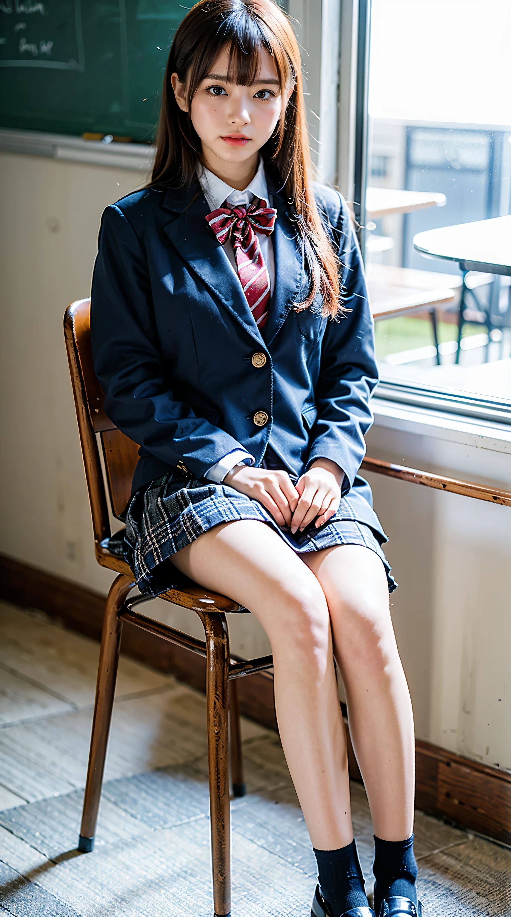 (8K、Raw photo、highest quality、masterpiece:1.2)、(realistic、Photoreal)、1 girl、((check mini skirt、loafer uniform、navy blue socks、blazer、big breasts、classroom、sat on a chair、Seen from the front、stand with legs apart、))、lots of eyelashes、Glitter on your eyelids、skeletally correct