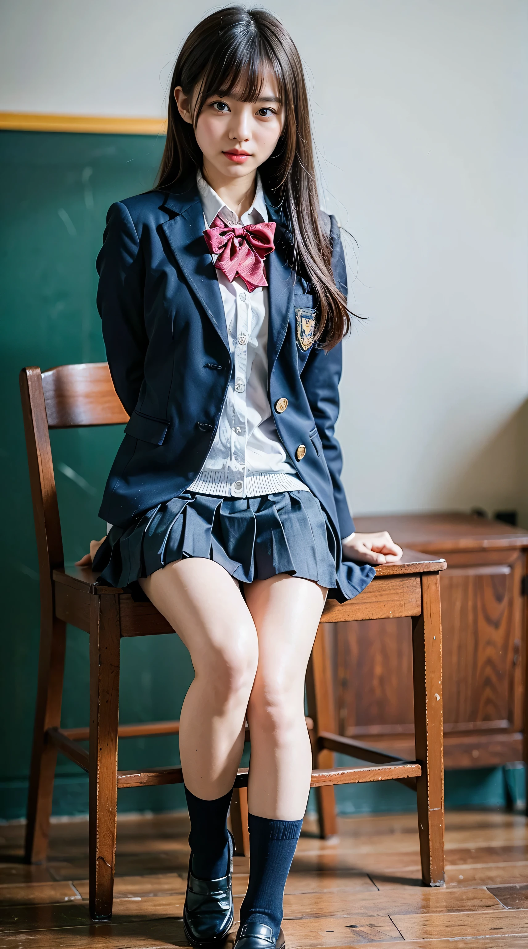 (8K、Raw photo、highest quality、masterpiece:1.2)、(realistic、Photoreal)、1 girl、((check mini skirt、loafer uniform、navy blue socks、blazer、big breasts、classroom、sat on a chair、Seen from the front、stand with legs apart、))、lots of eyelashes、Glitter on your eyelids、skeletally correct