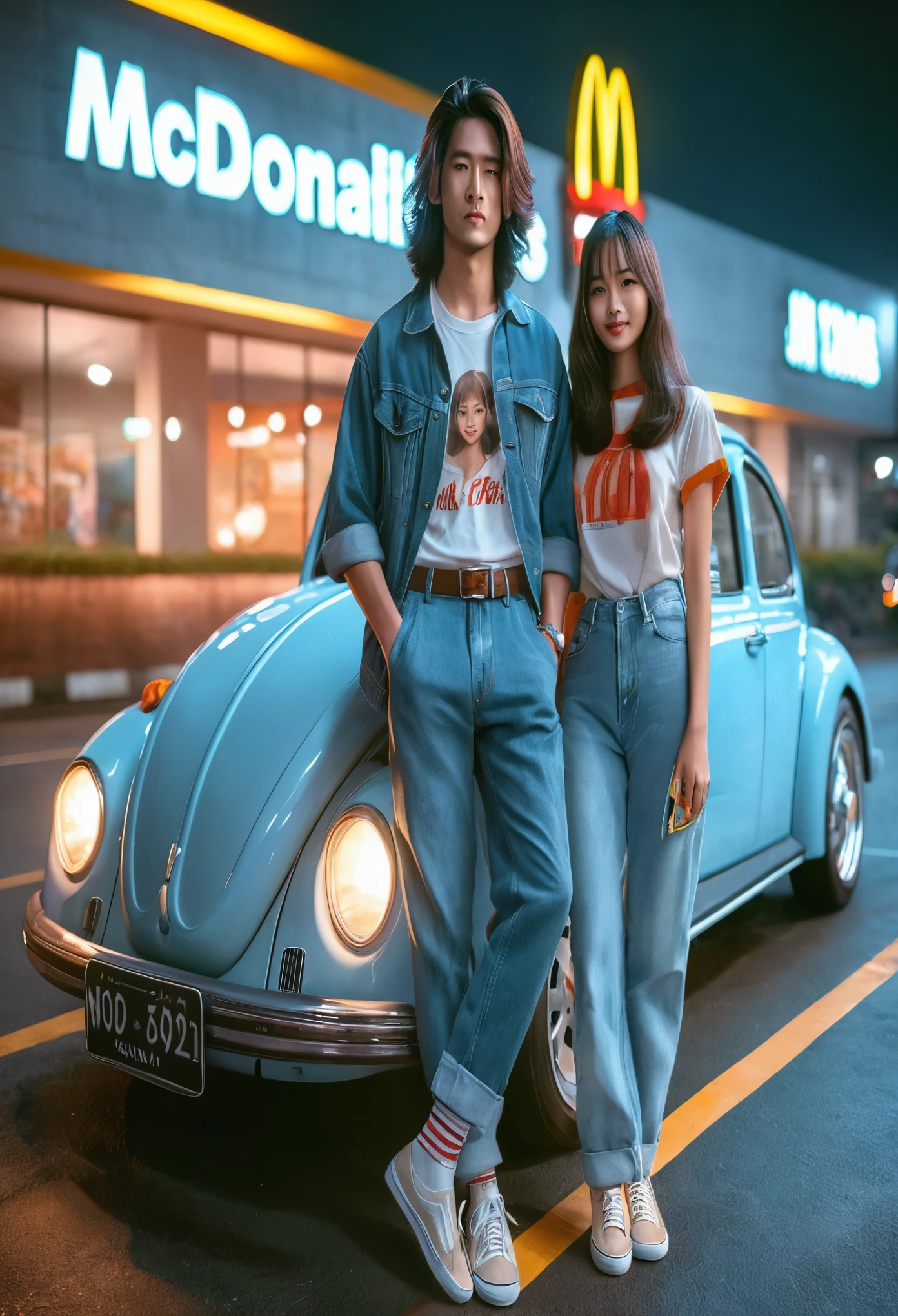 full-body photography, high resolution, (photorealistic), Indonesian man with long straight hair, 26 years old with a girl, standing next to VW Beetle, wearing a t-shirt that says "RAMEY" shoes Vans, market Ciputat parking night background, sharp re, by lee jeffries nikon d850 film stock photo 4 kodak portra 400 camera f1.6 lens rich hyper realistic colors lifelike textures dramatic lighting unreal machines trending in cinema arttation 800, detailed no defects.