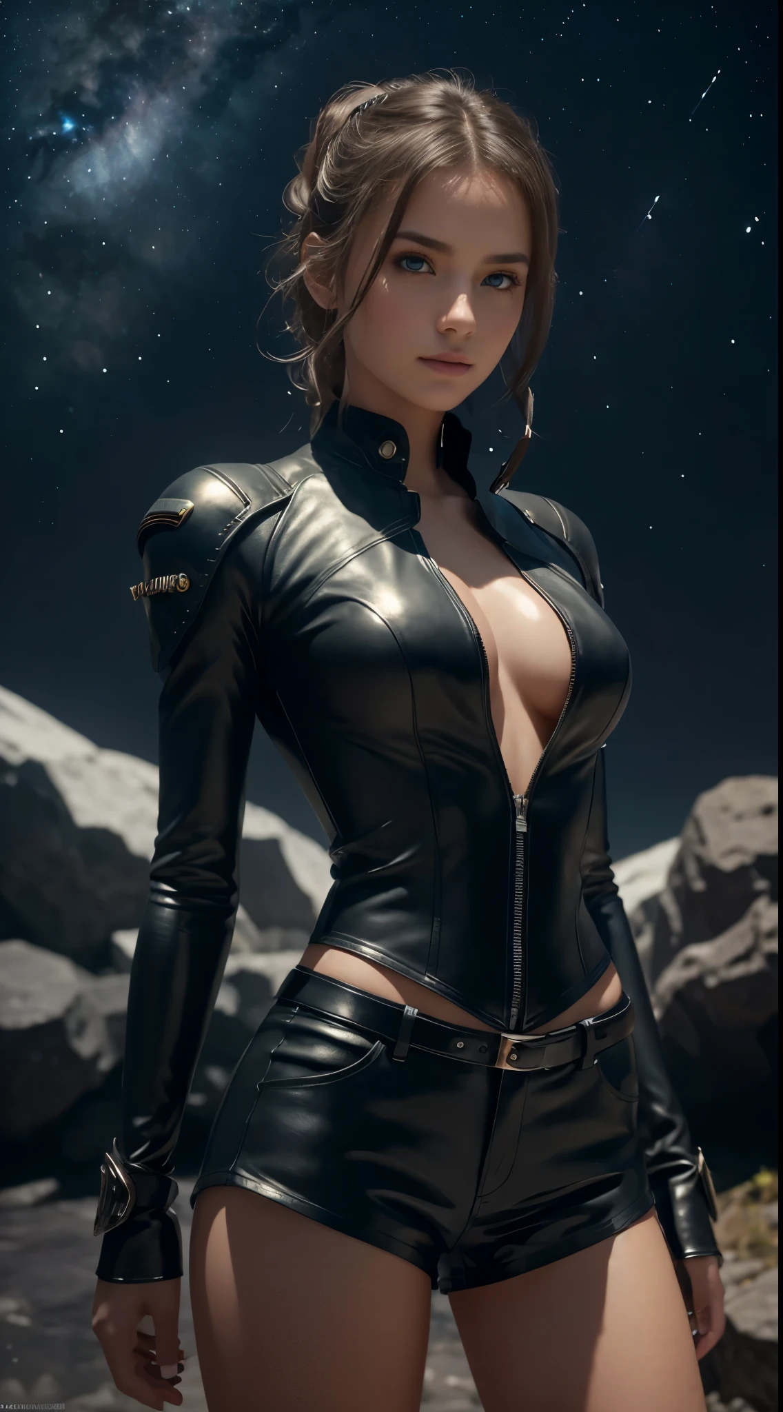 Masterpiece, Superb Girl, Cute Girl, Bust, High Detail Eyes, Perfect Eyes, full body, futuristic leather clothes, leather shorts and bodice, High Detail Face, Same Eyes, Glare, Rainbow Color, Global Illumination, Soft Light, Dream Light, Digital Painting, 8K Close-up, Fantasy, Night Sky, Stars, Nebula, White Crystal, Moonlight, Serenity, Summer, (8K:1.1)