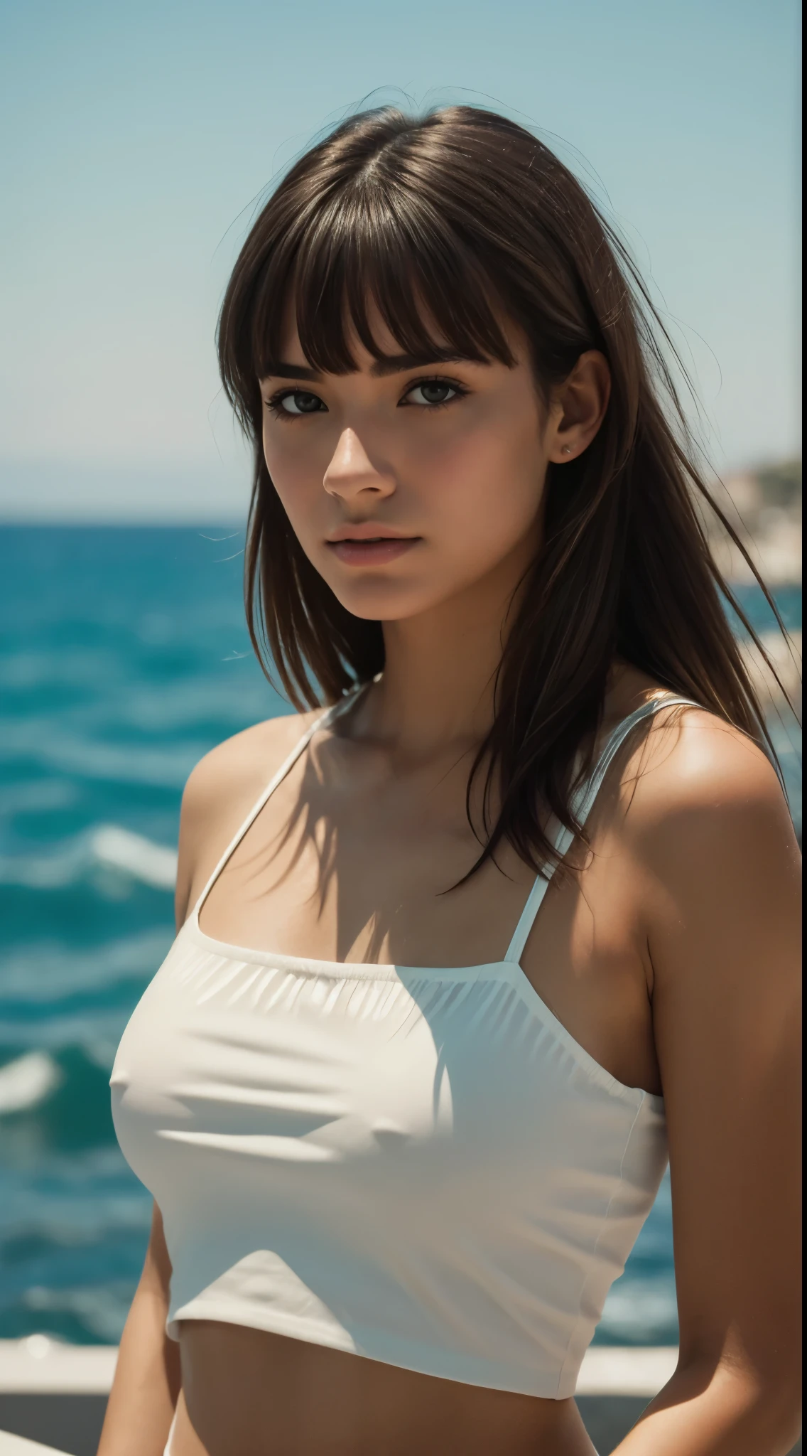 Best Quality, Masterpiece, Ultra High Resolution, (Film Grain: 1.4), Digital Photography, Bangs, Film Lighting, (Fuji Color: 1.2) Portrait,, 1 girl, spanish woman, solo, facing the audience, (upper body), clear pores, looking at the audience, ocean background (realistic: 1.2)